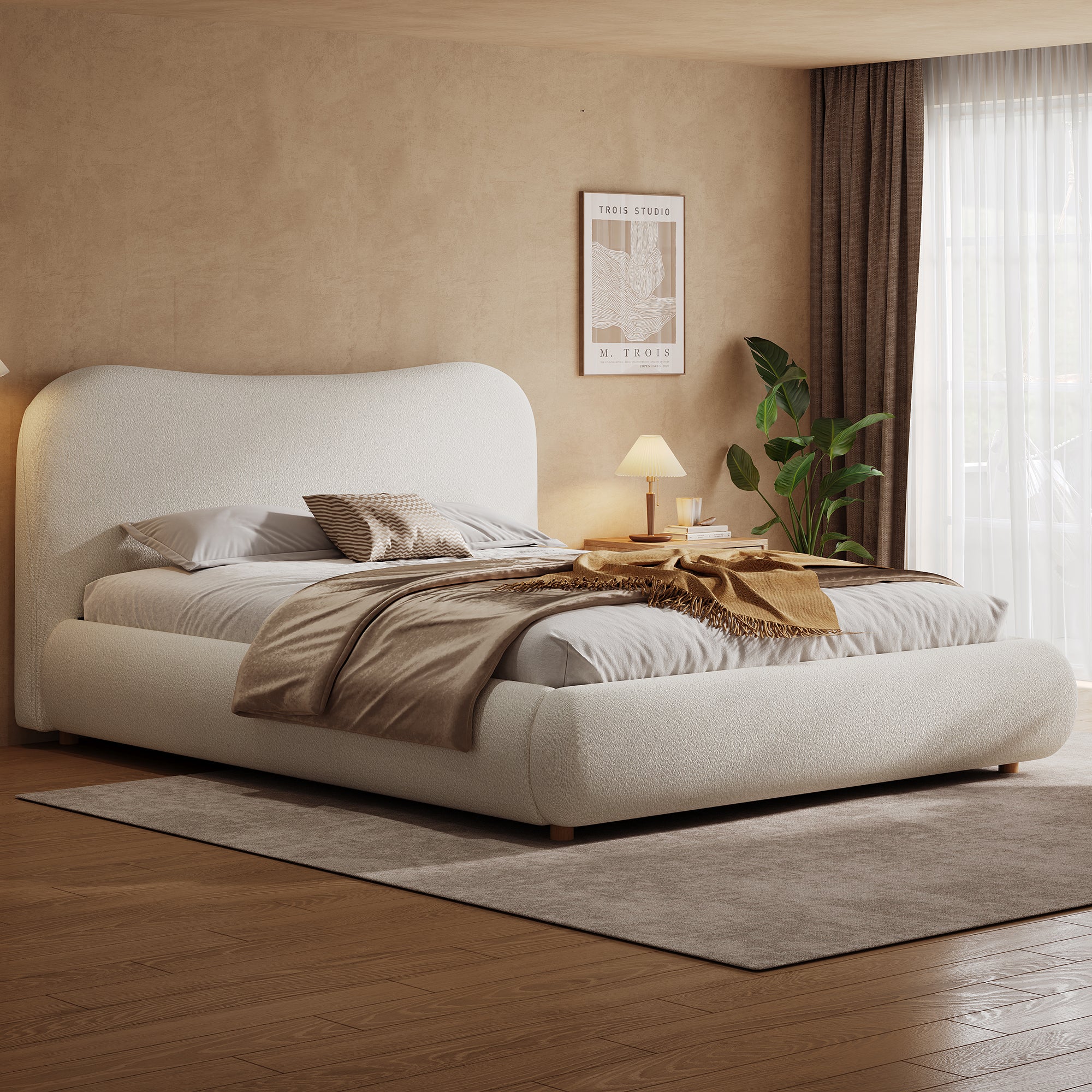 Ottoman Storage Bed Frame, 4ft6 Double with Curved Headboard, Boucle Fabric, Warm White