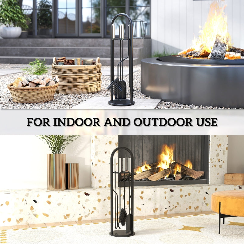 5 Pieces Fireplace Tool Set with Broom, Shovel, Poker, Tongs, and Stand - Silver Metal