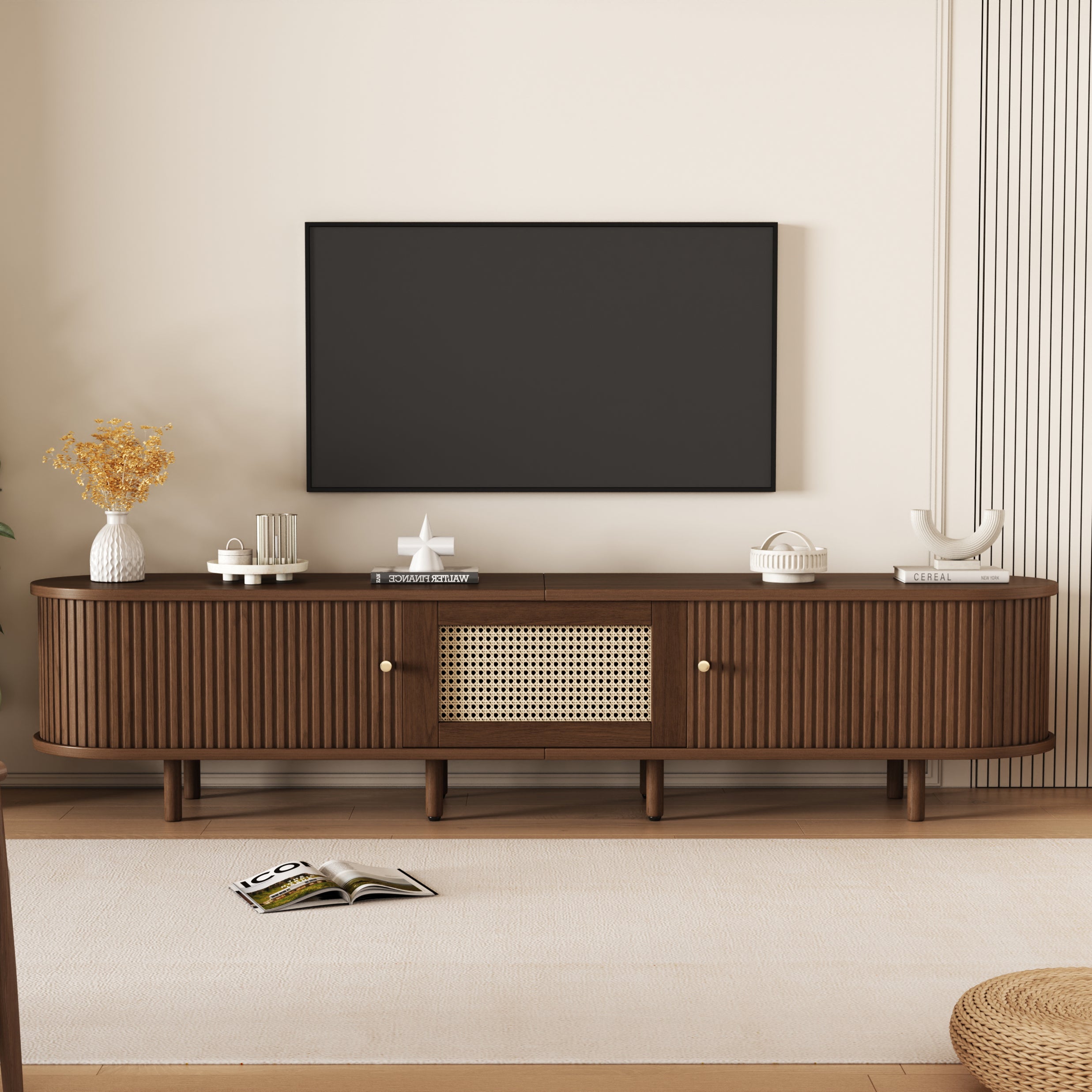 Oval TV Stand 180cm Rattan Design Adjustable Feet Dark Walnut MDF