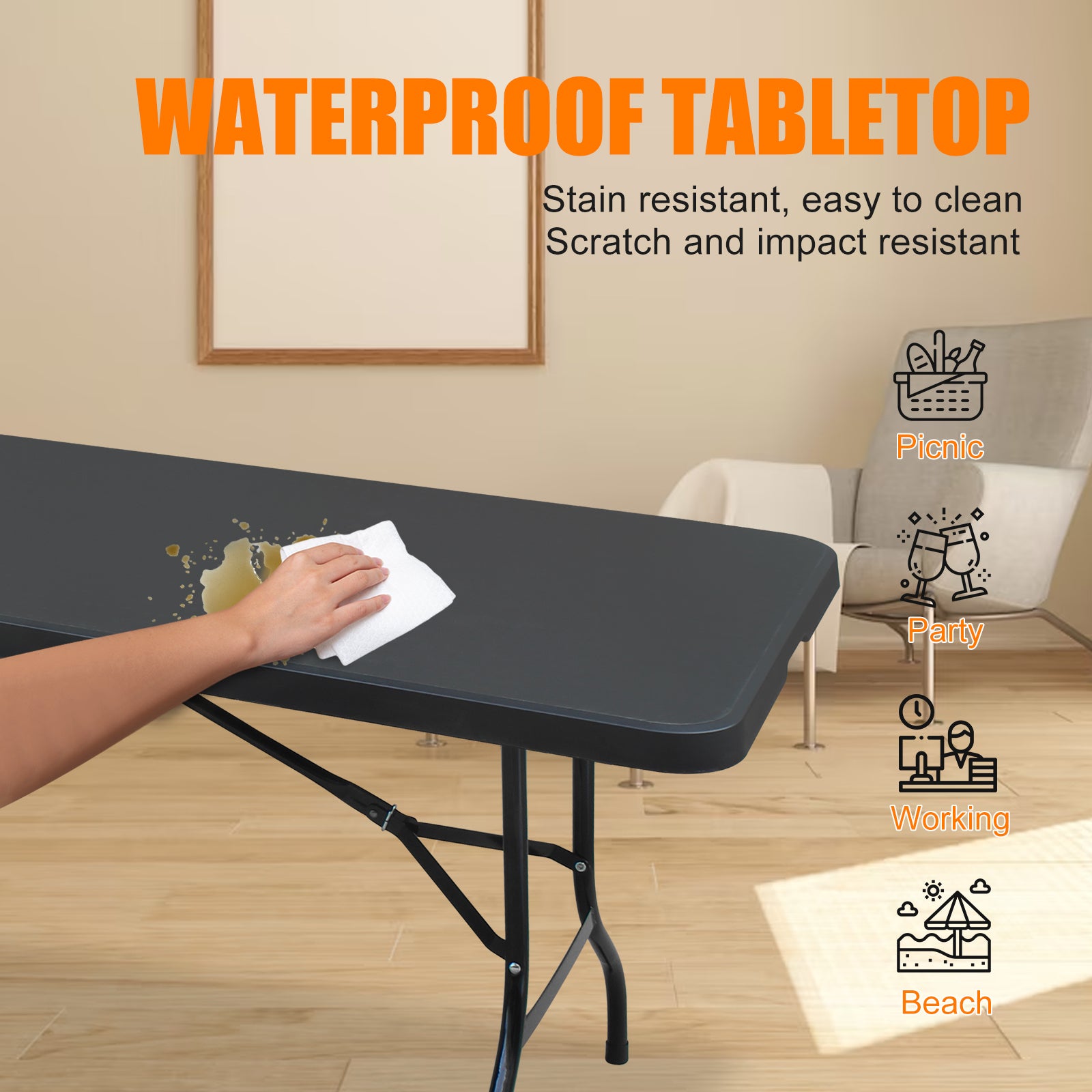 Portable Heavy Duty Folding Table 244cm, Multi-Functional, Black