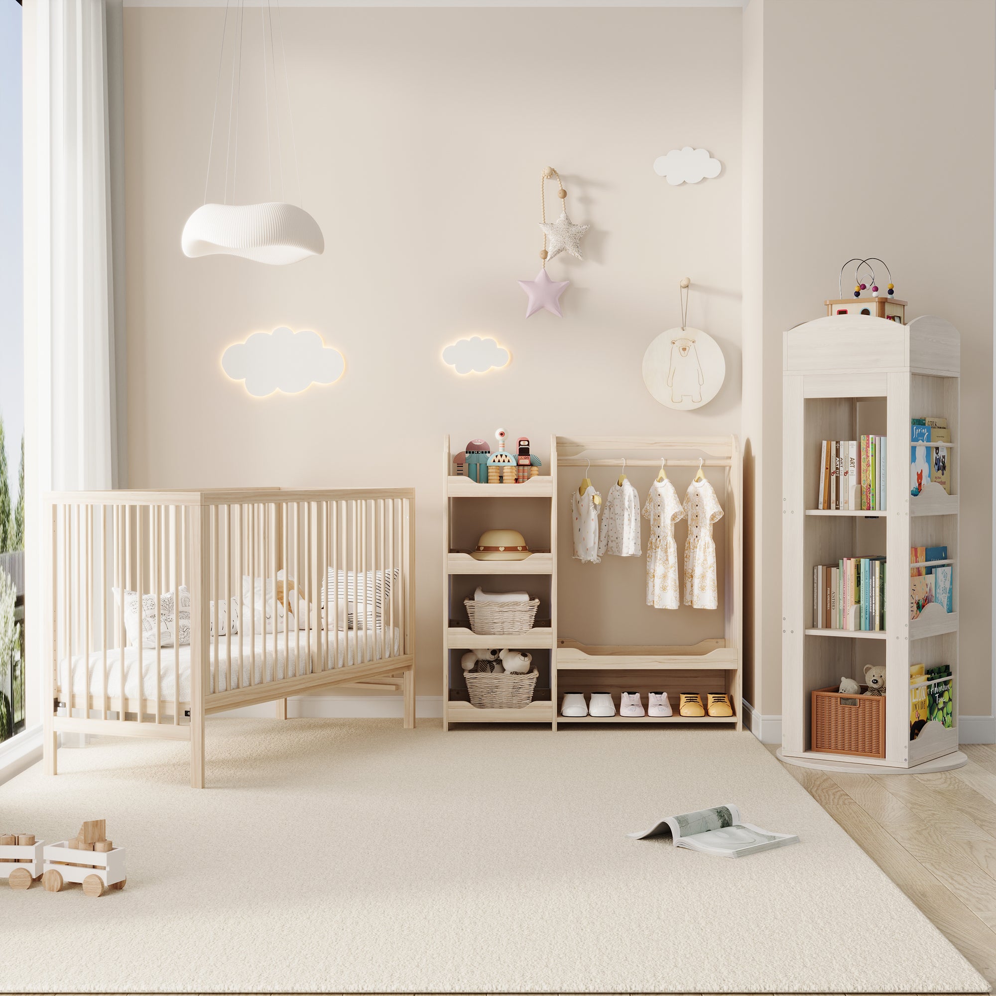 Children's Combination Furniture: Multifunctional Baby Bed, Wardrobe & Rotating Bookcase, Natural Colors