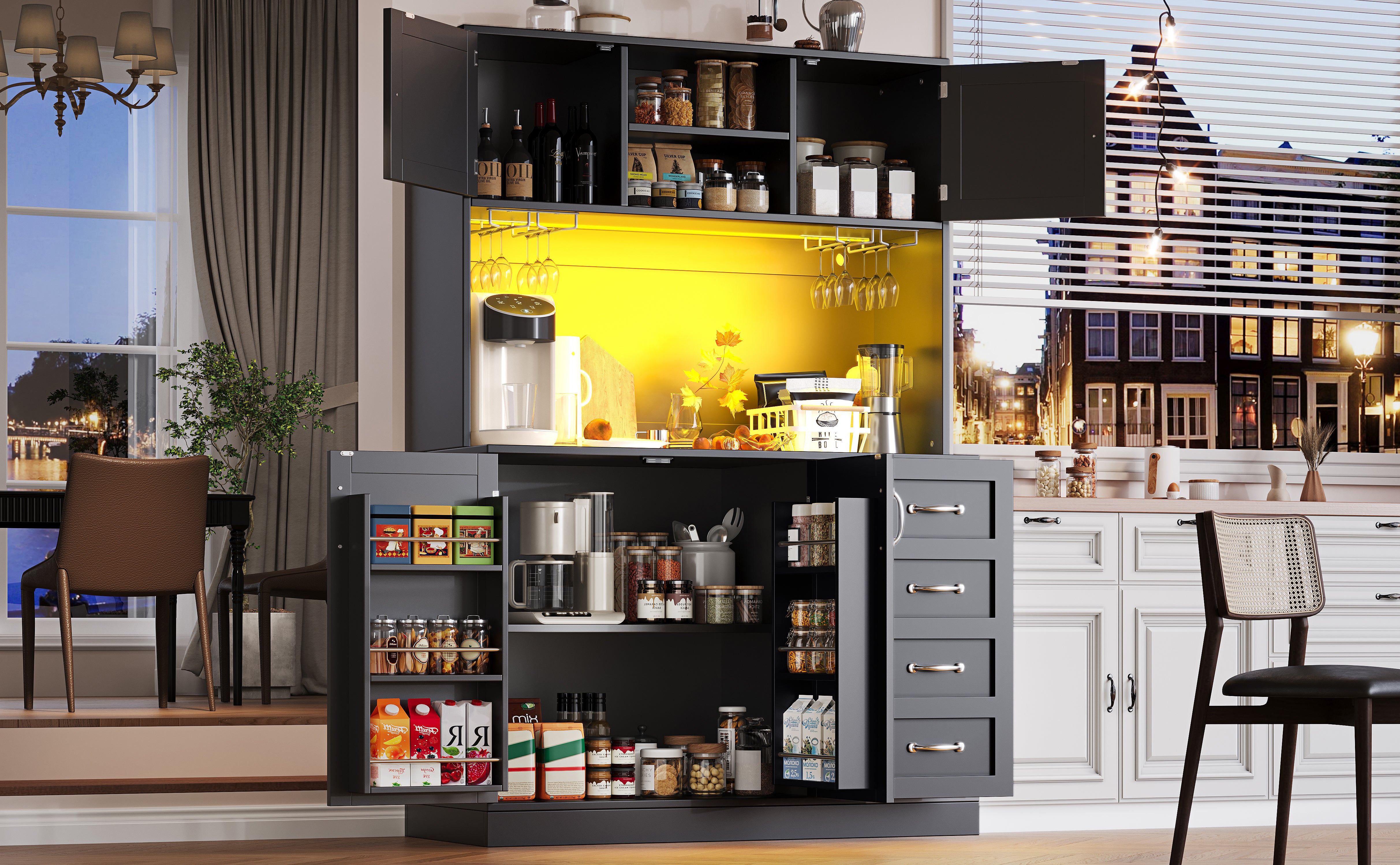 Sideboard Buffet Cabinet with LED Lighting and Snack Shelf, Green, Black and White