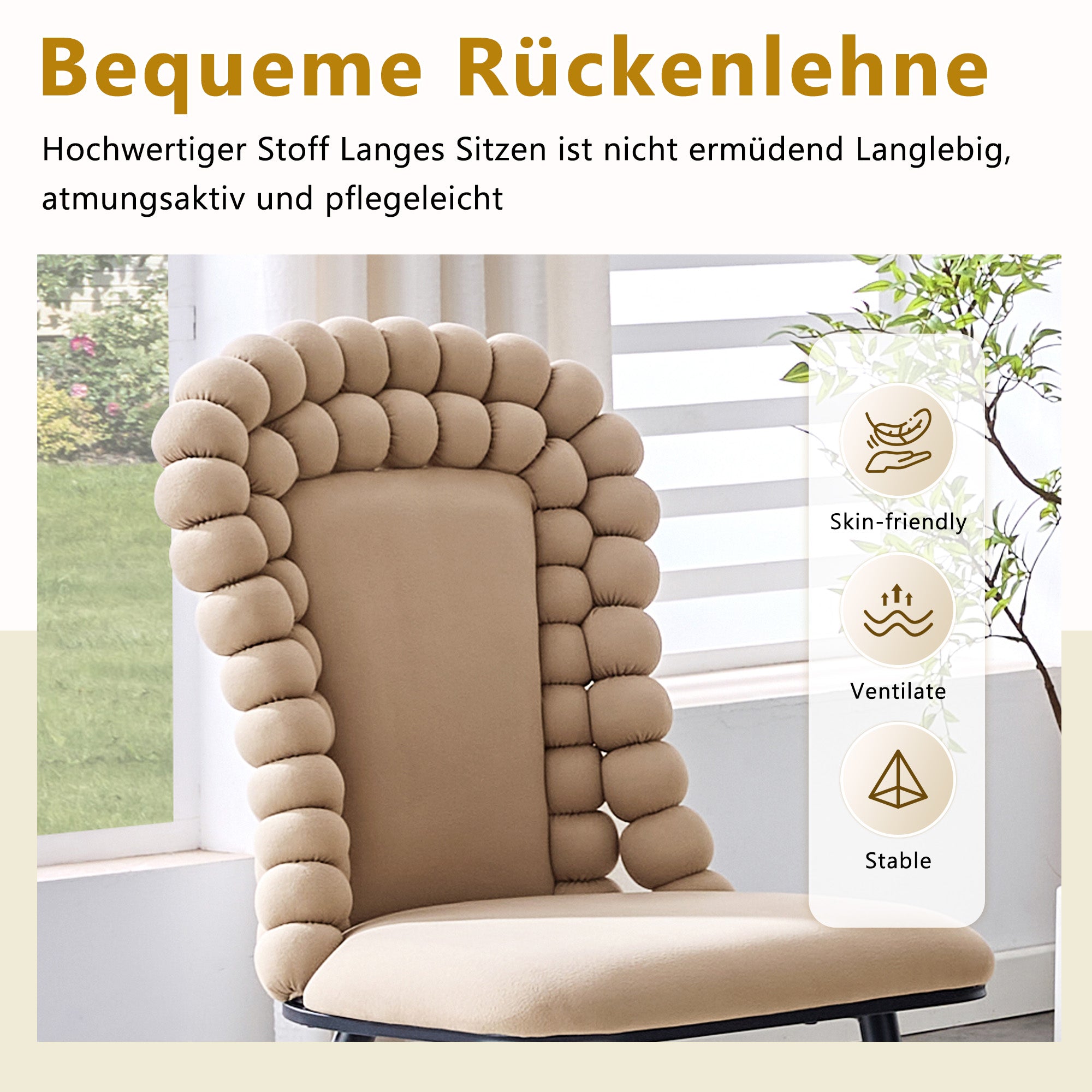 Dining Chairs (Set of 2), Ball Chain Backrest, Black Metal Legs, Camel Velvet