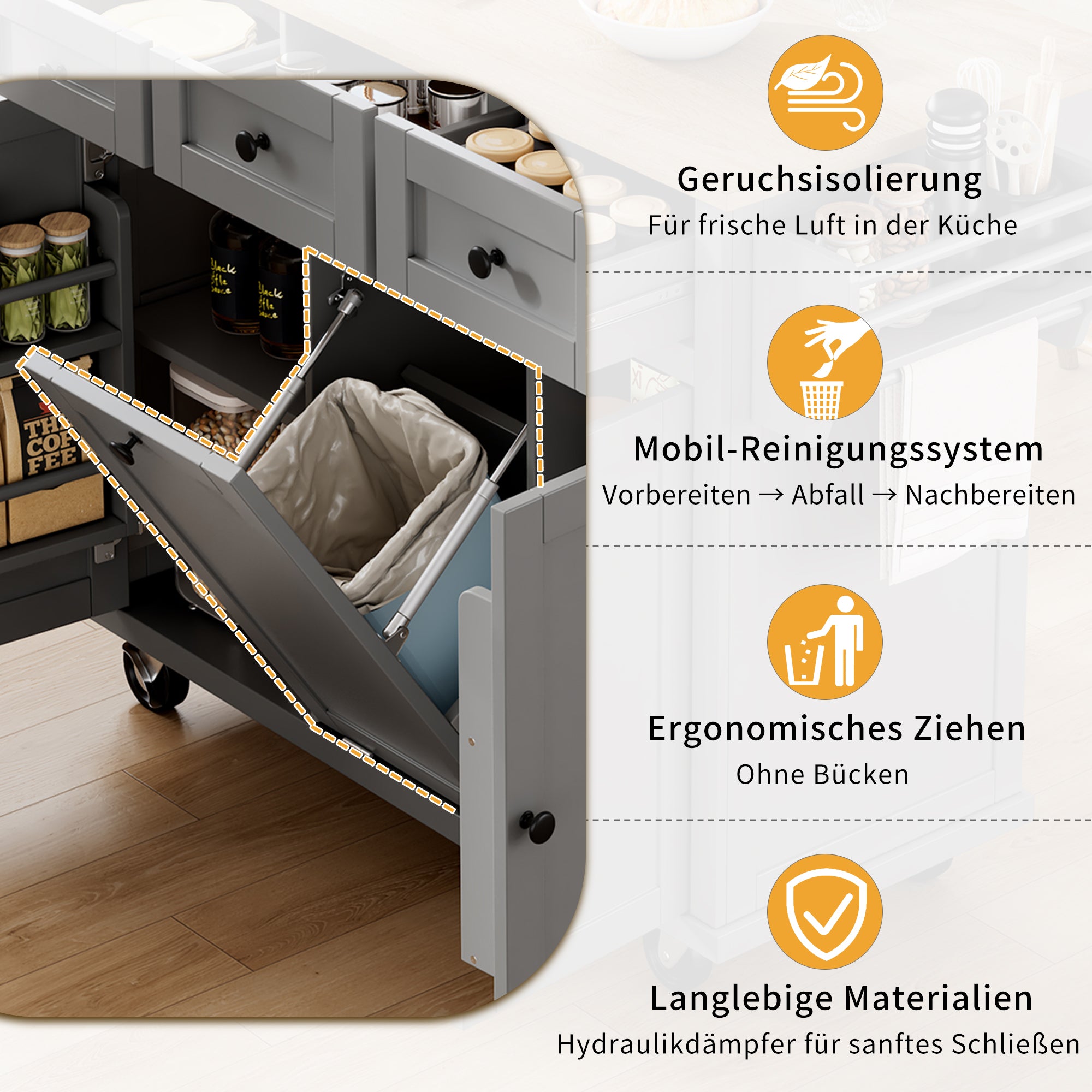 Mobile Kitchen Island with Extendable Dining Area and Waste Bin, Grey