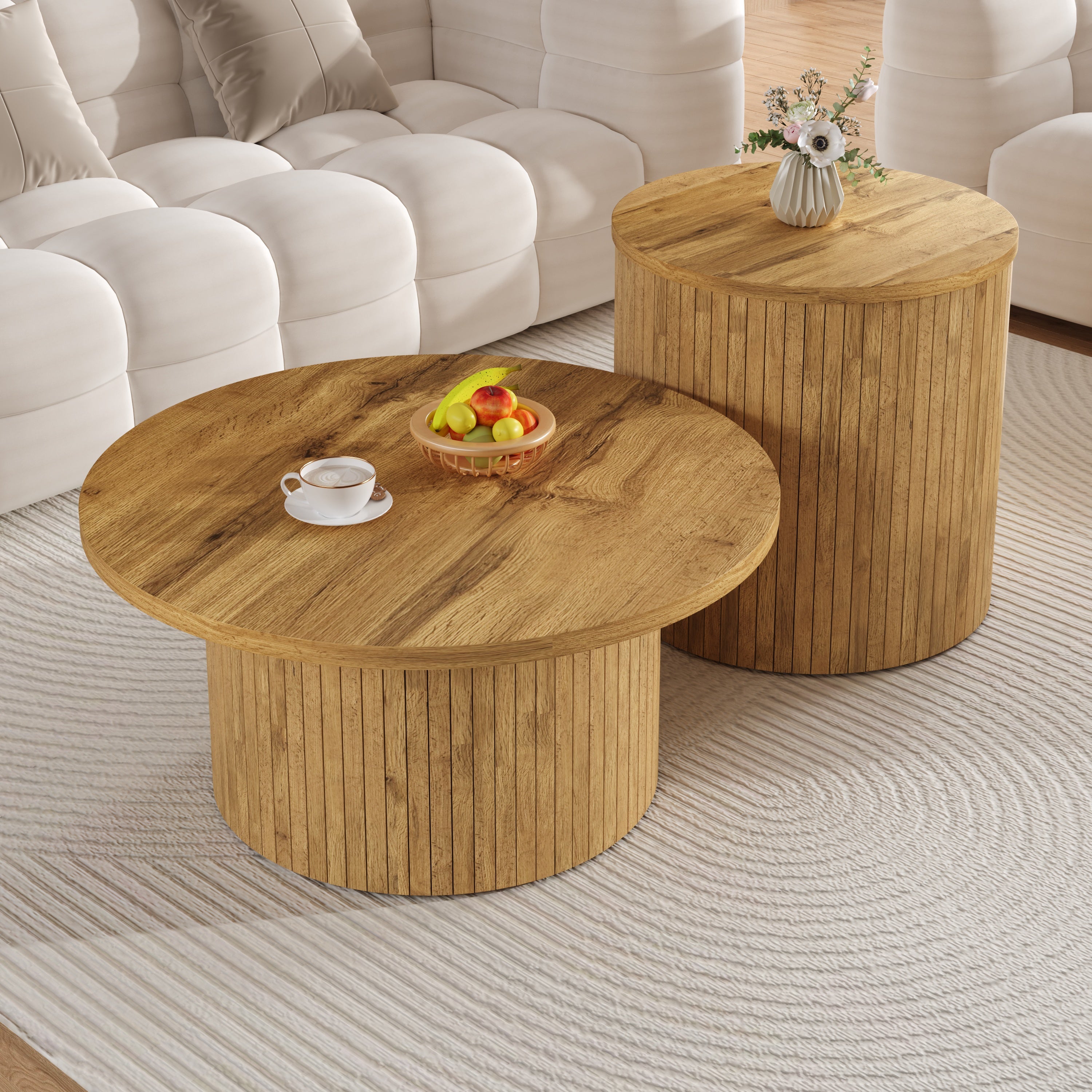 Coffee Table Double Round Slats Multifunctional - Natural Wood