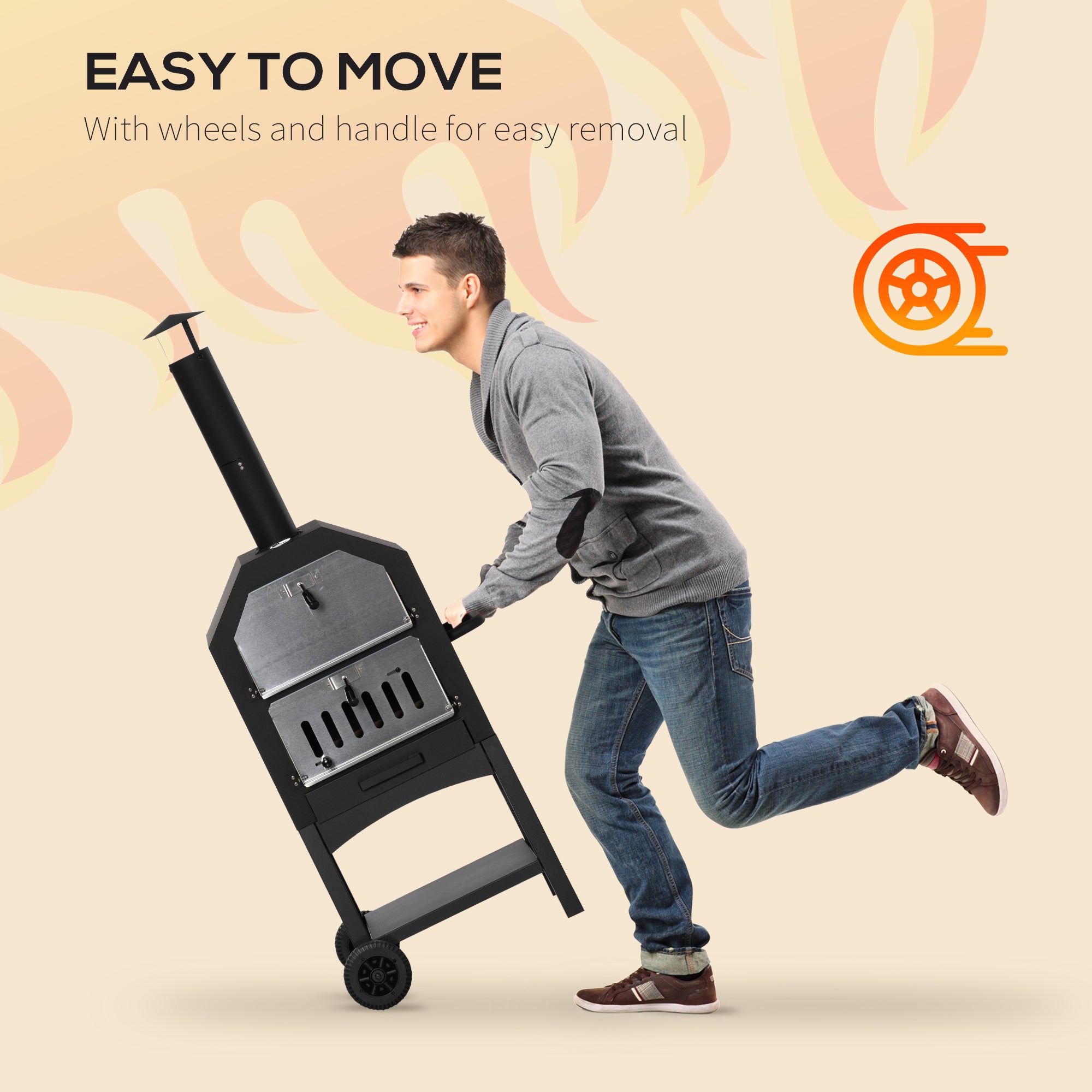 Outdoor Garden Pizza Oven Charcoal BBQ Grill 3-Tier Freestanding w/ Wheels Stainless Steel