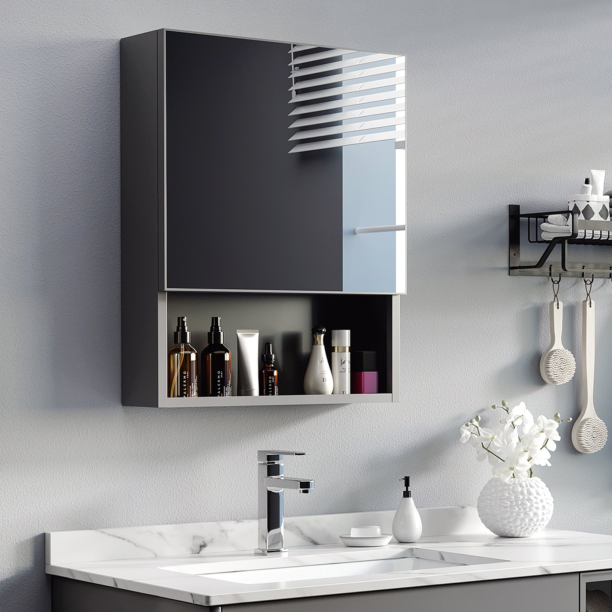 kleankin Mirror Cabinet with 2 Interior Shelves & Open Glass Shelf, Stainless Steel