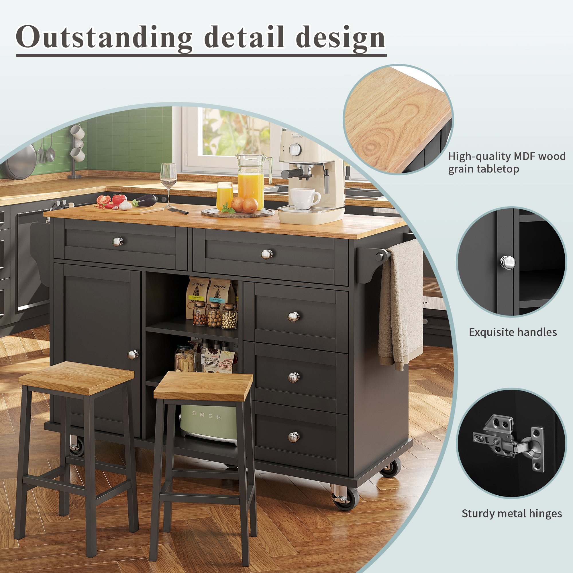 Dining Trolley with Drawer and Storage Cabinet, Mobile and Fixed Dual-Use Design, MDF Wood Grain