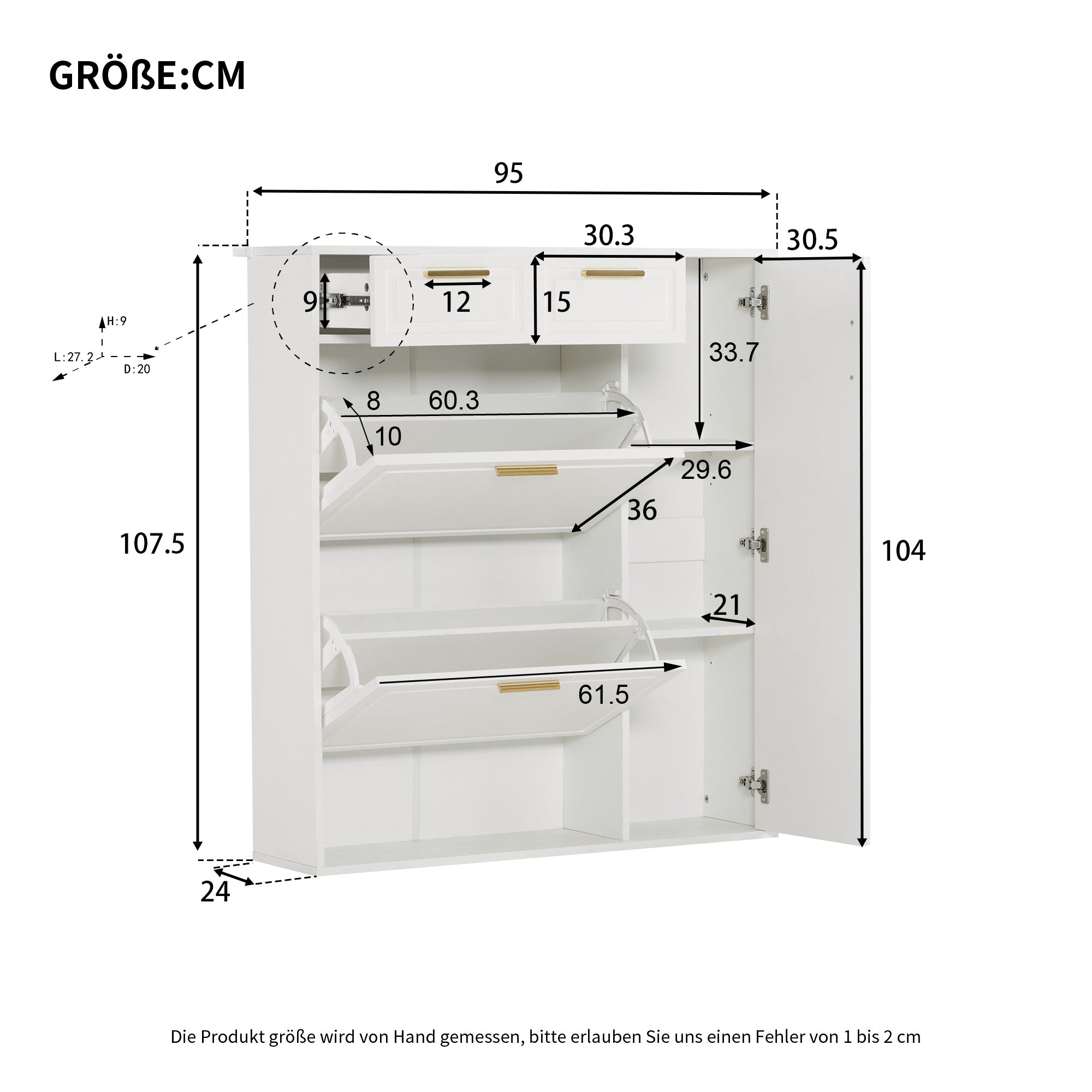 Modern Shoe Cabinet, adjustable shelves, gold handles, drawers, folding, white