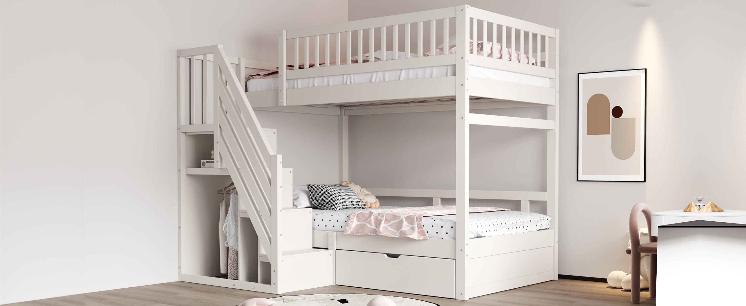 Bunk Bed, 90x200 cm, High Safety Rail, Storage Ladder & Drawers, Solid Wood, White