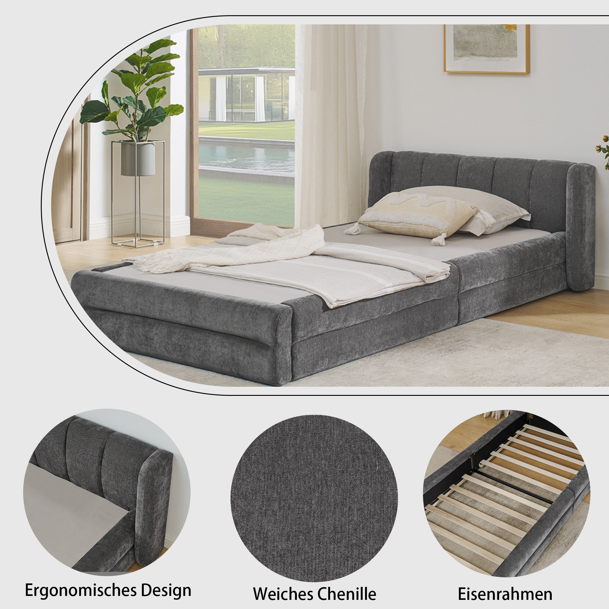 Single Bed 90x200cm Comfortable Backrest - Dark Grey Chenille