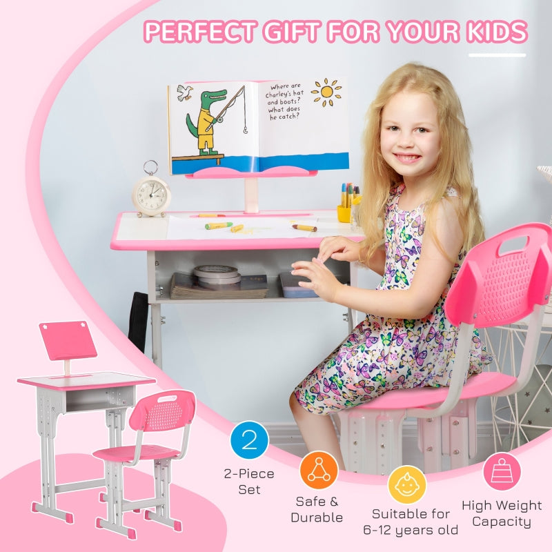 Kids Desk and Chair Set, Adjustable with Book Stand and Pen Slot - Pink