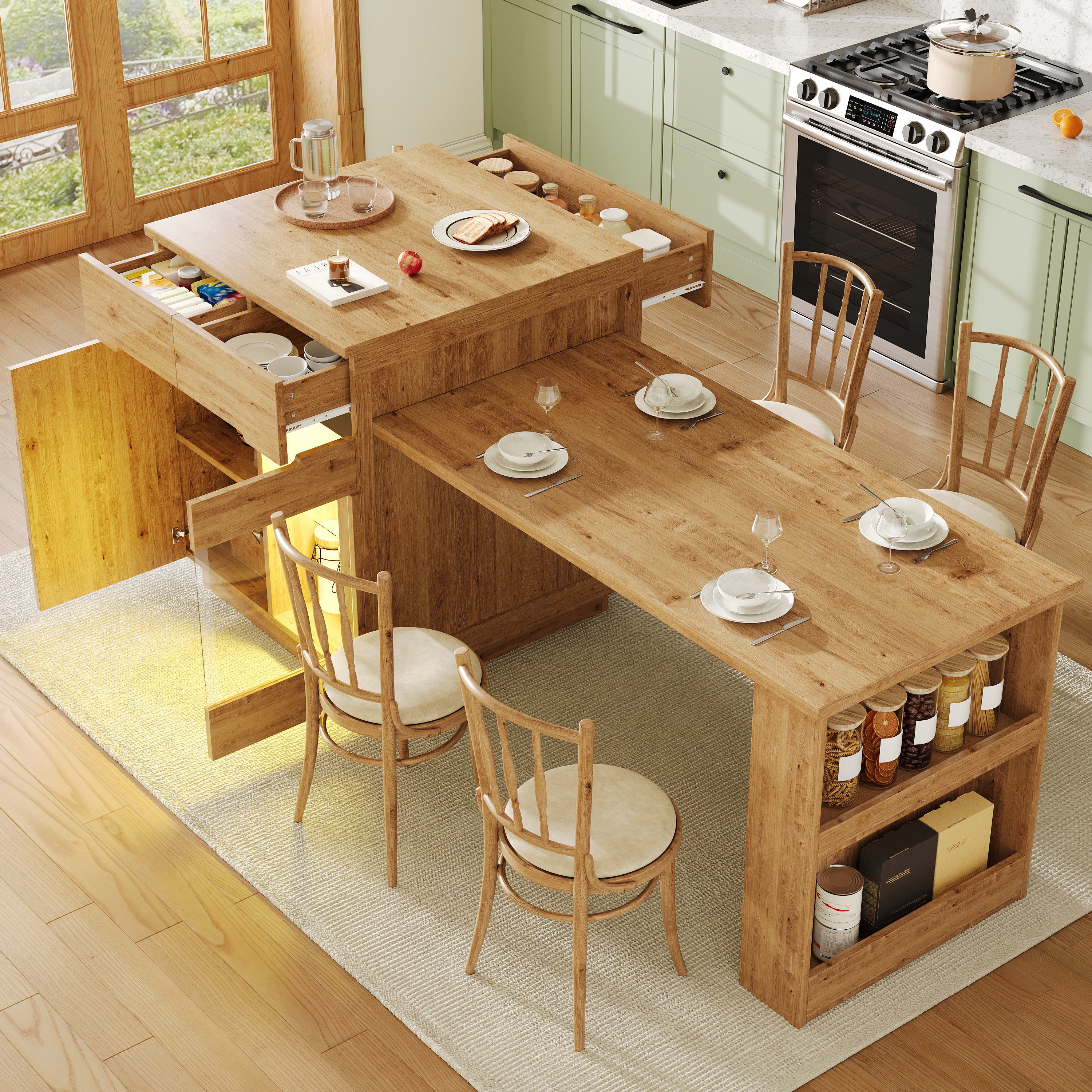 Kitchen Island with Extendable Table, Multifunctional Cabinet with LED Lighting and Drawers, Oak Look