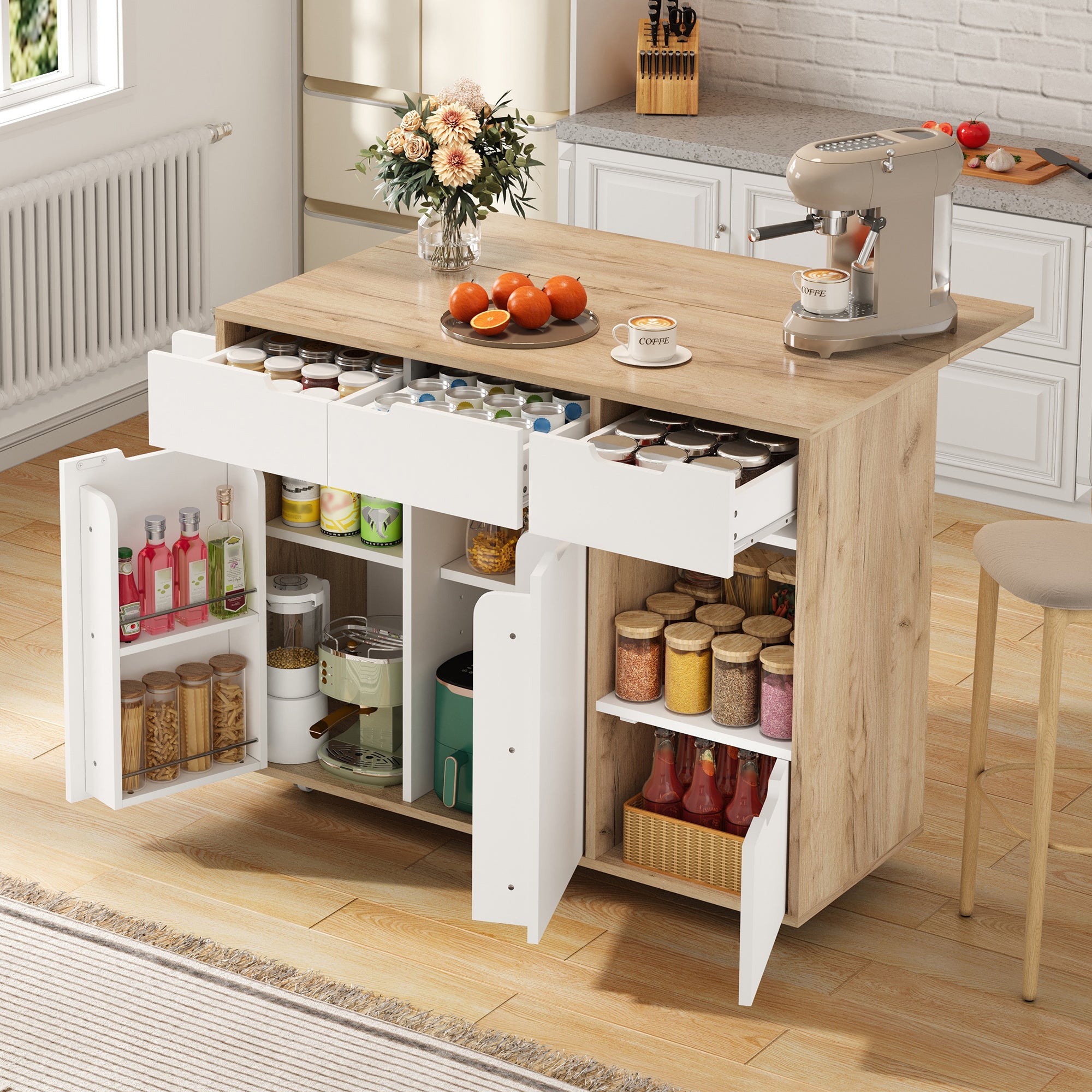 Modern Serving Trolley with 360° Swivel Casters and Storage, White and Wood