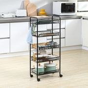 Steel Mesh Basket Storage Trolley, Five-Tier with Wheels - Black