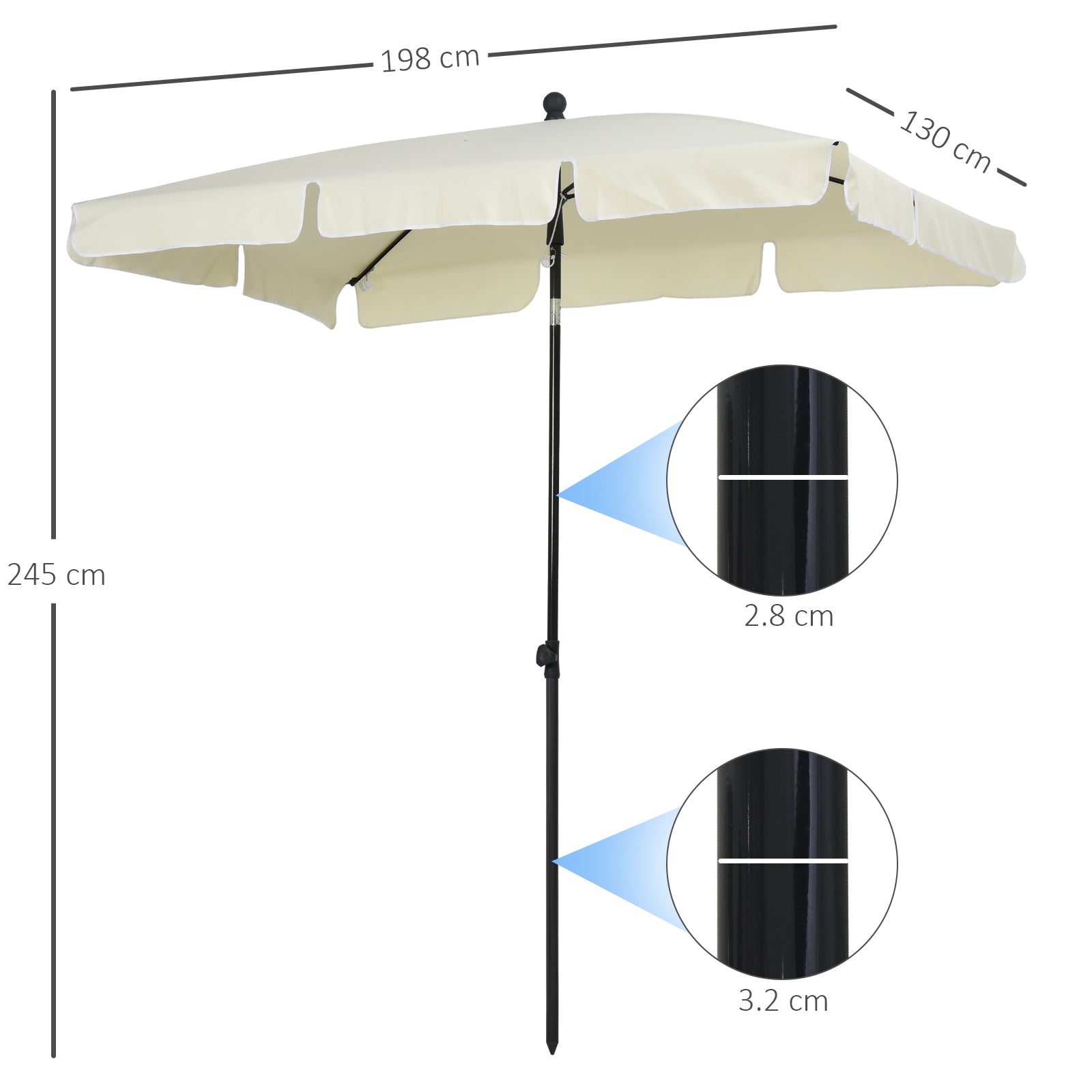 Garden Parasol Umbrella, 2 x 1.3m Rectangular Tilting with Ruffles and Aluminium Pole, Cream White