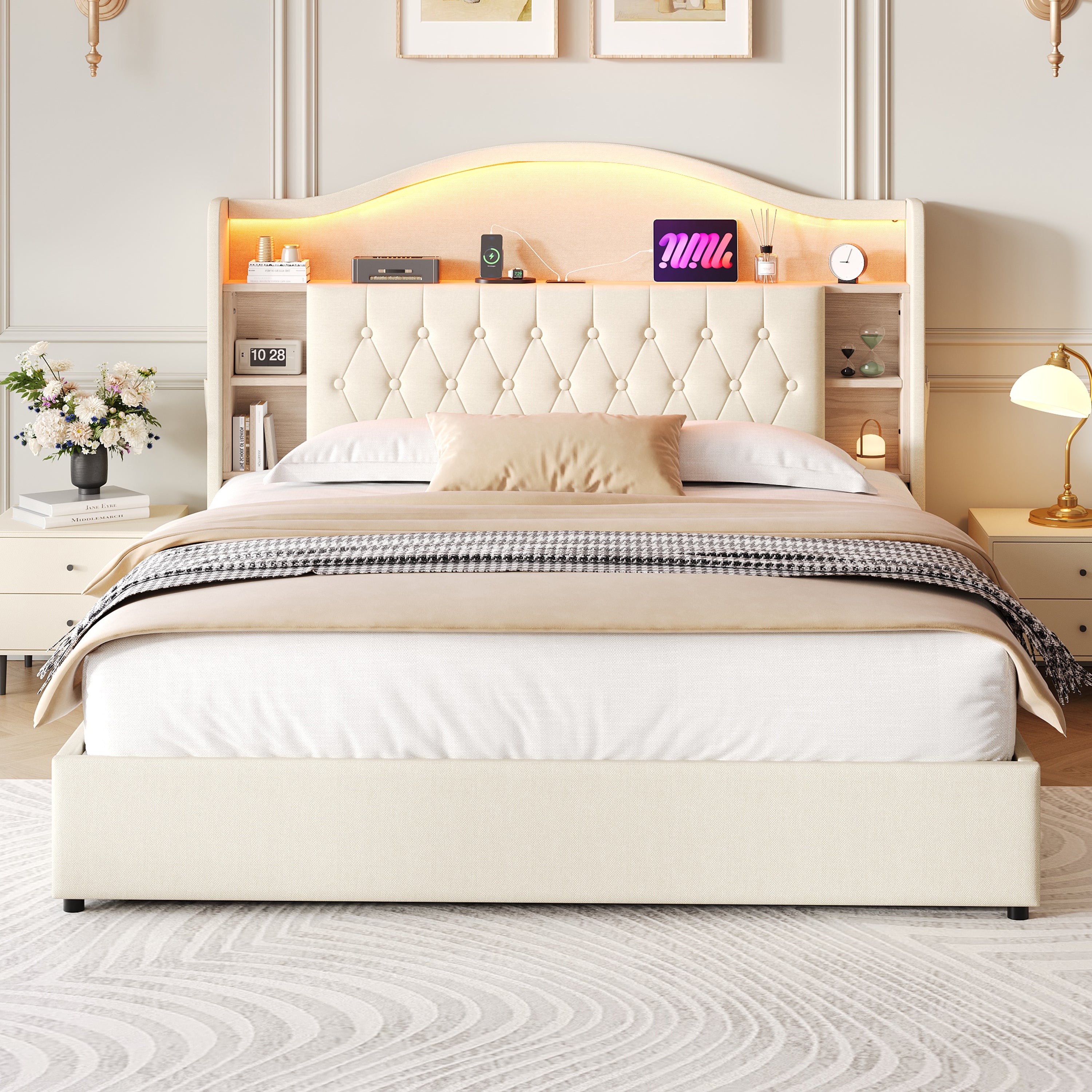 King Upholstered Bed Frame, Hydraulic Storage, LED Button Tufted Headboard w/ Charging Station, Linen Beige