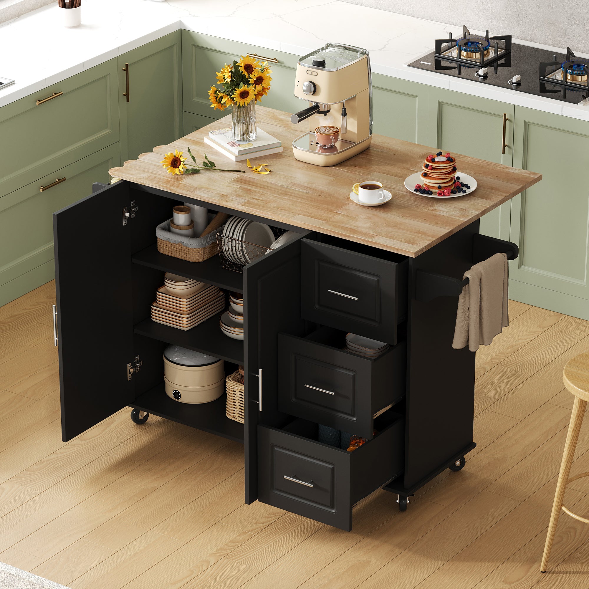 Mobile Kitchen Table with Foldable Worktop and 3 Drawers, Oak Look