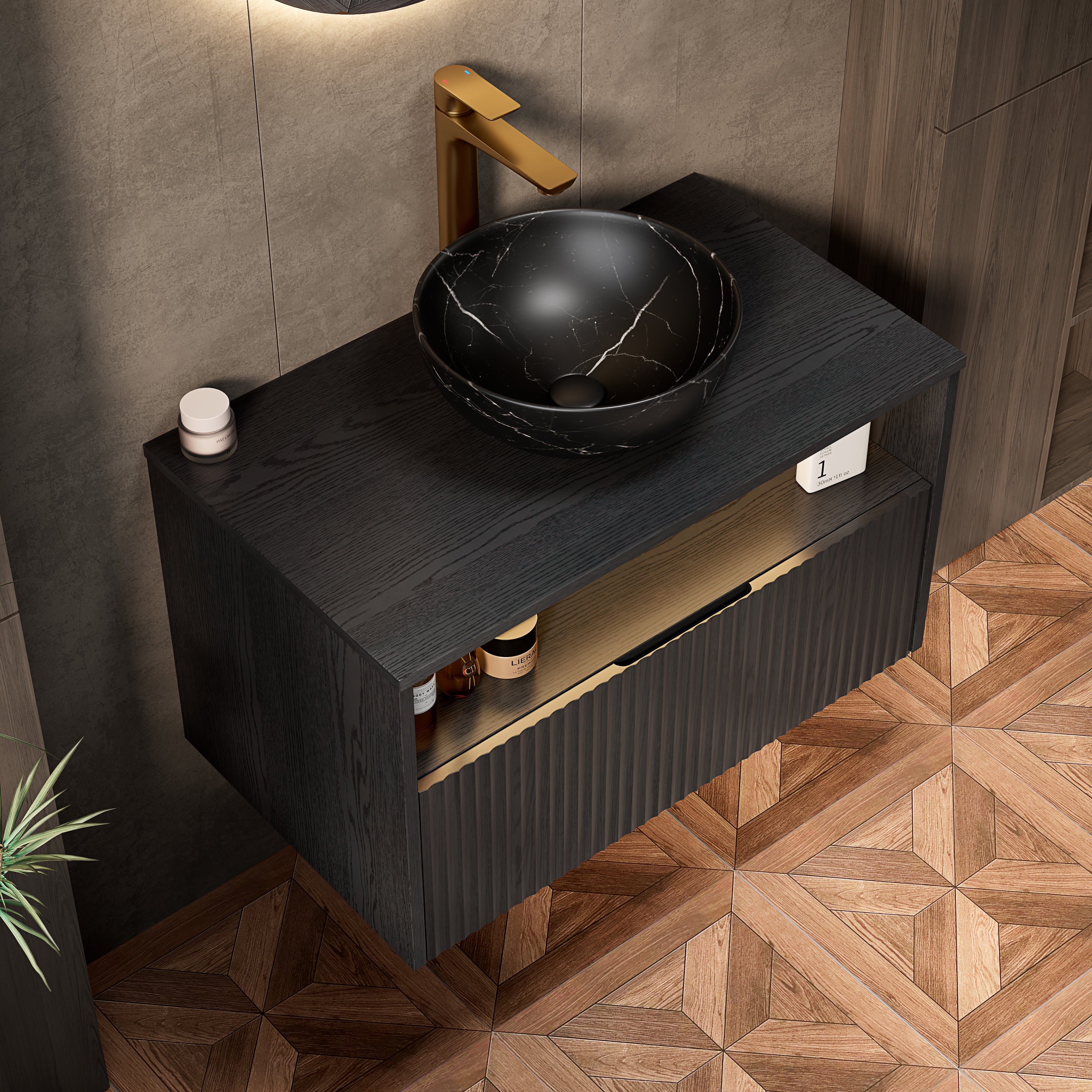Floating Bathroom Washbasin with Ceramic Bowl and Sensor Light, 80cm Black Plywood Cabinet