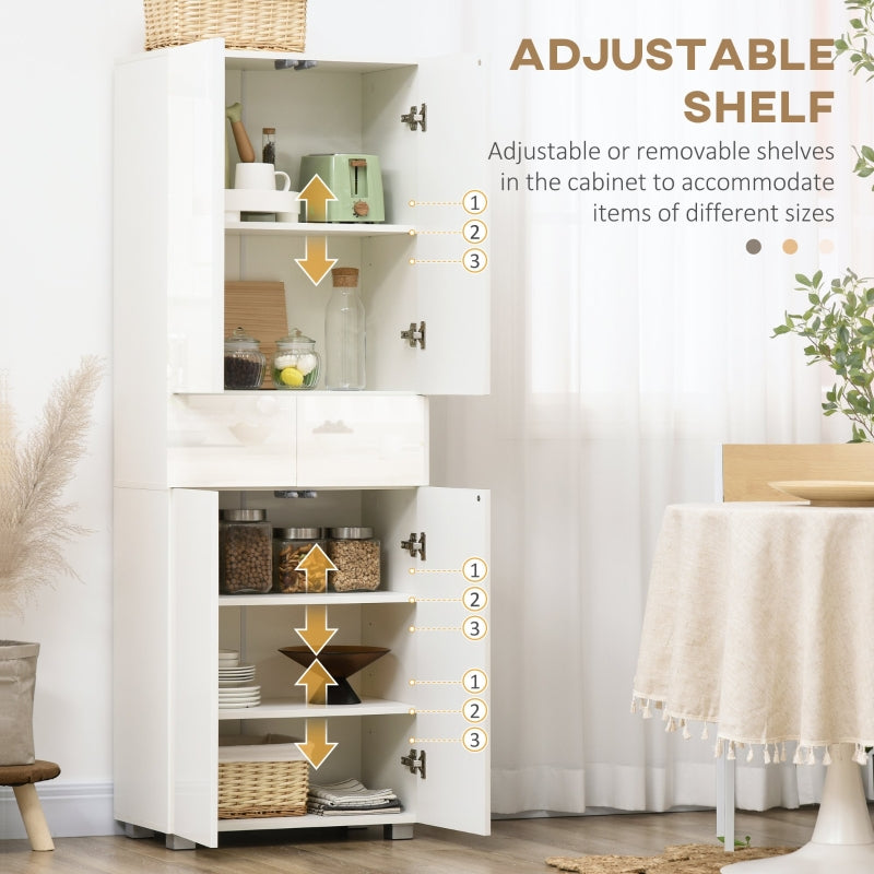 4-Door Kitchen Cupboard Tall Freestanding 5-Tier Cabinet with 3 Adjustable Shelves, 2 Drawers, Push to Open Design, High Gloss White