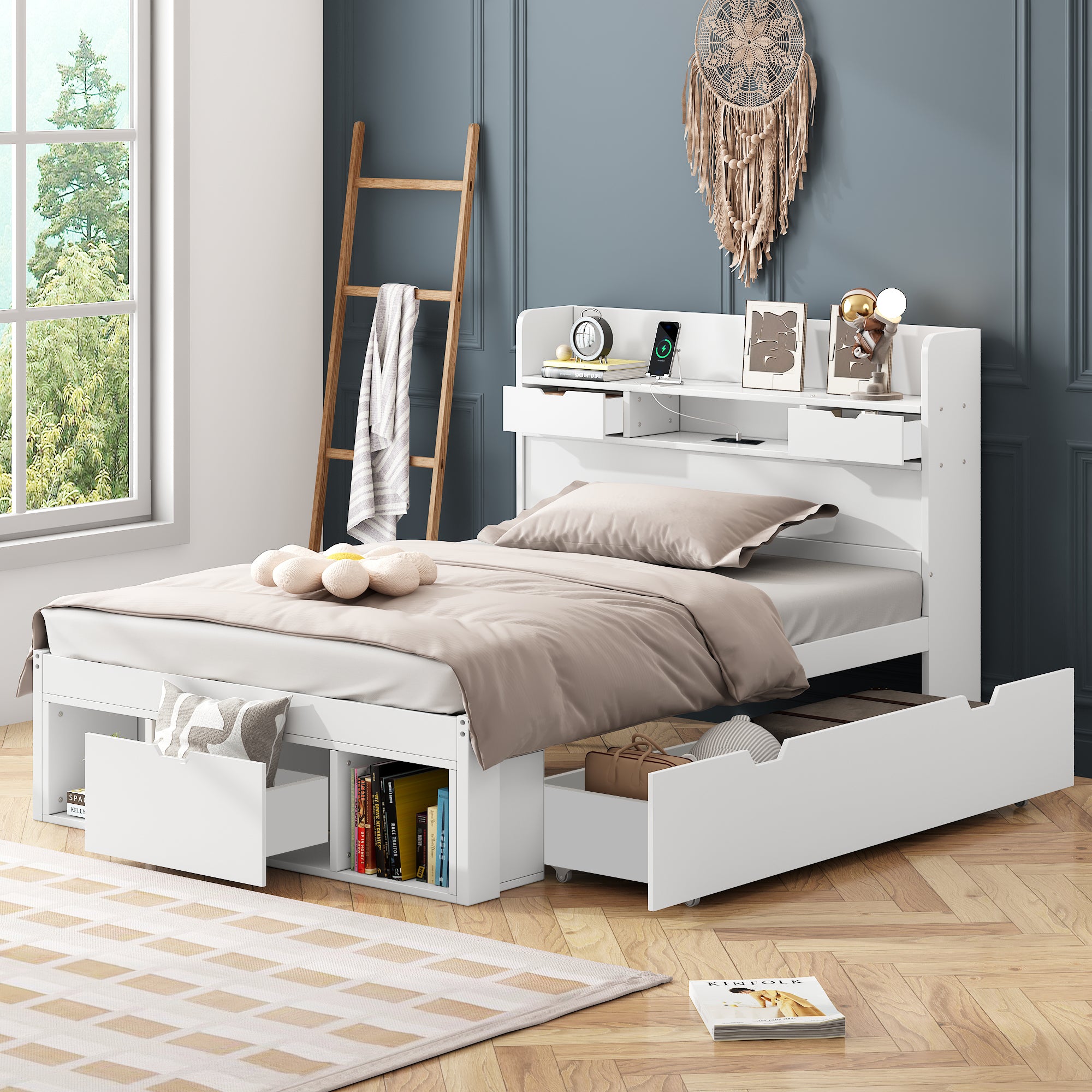 Single Bed with USB Port, Drawers and Storage Cabinet, White