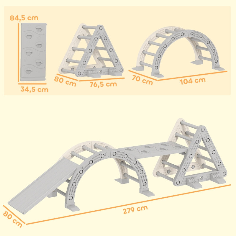 Indoor Climbing Frame 5-in-1 Triangle with Slide and Arch, Grey and White