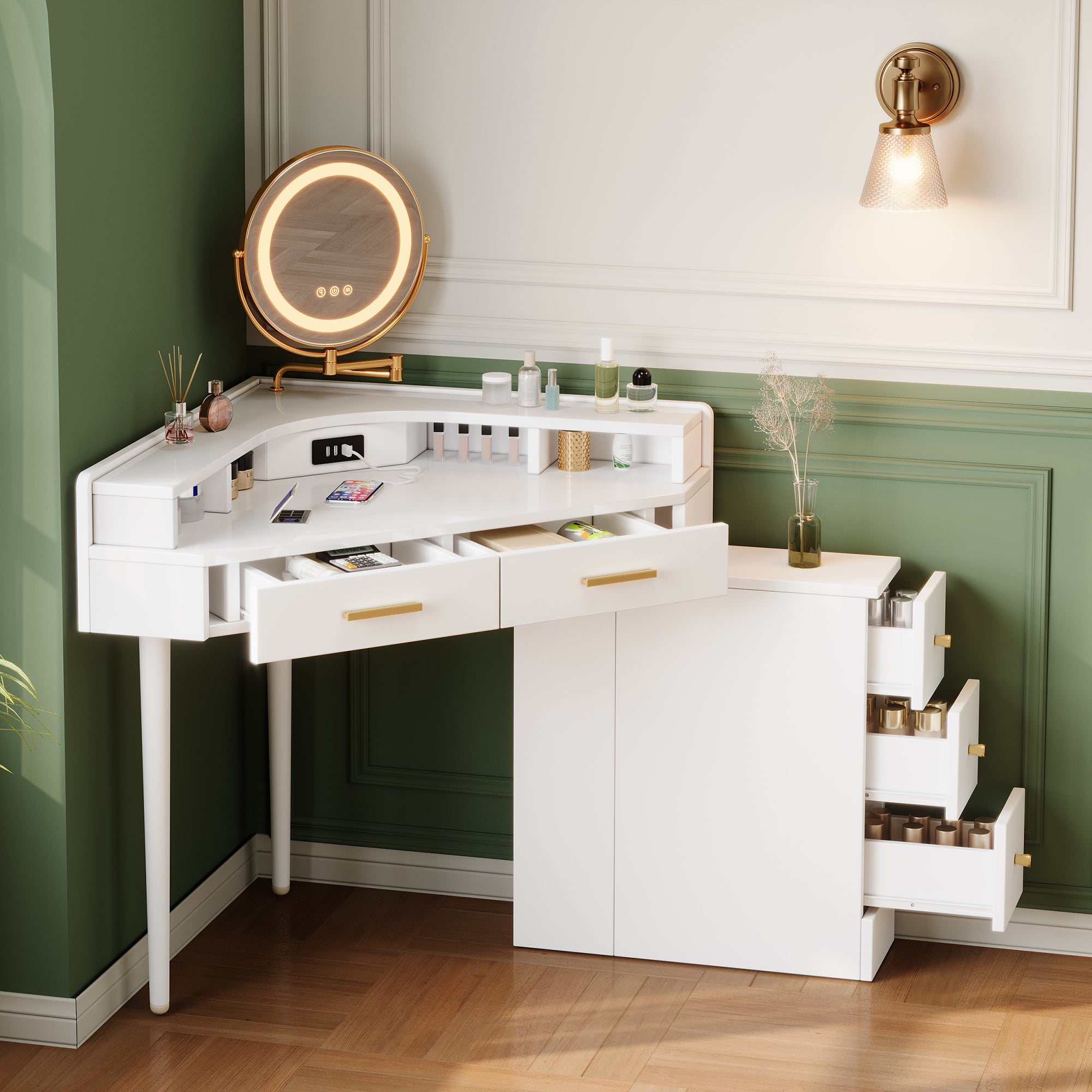 Corner Dressing Table Rotating LED Mirror 5 Drawers USB-C Ports White