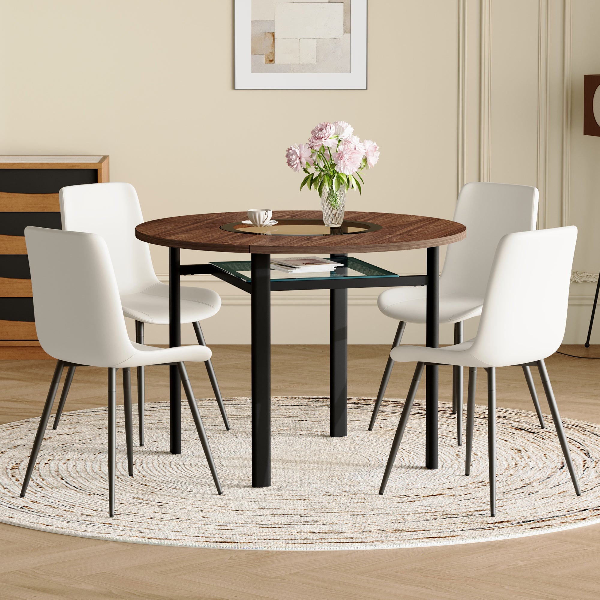 Modern Minimalist Round Table Set, 4 White Armchairs, Integrated Storage, 100cm Diameter, Brown Wood/White PU