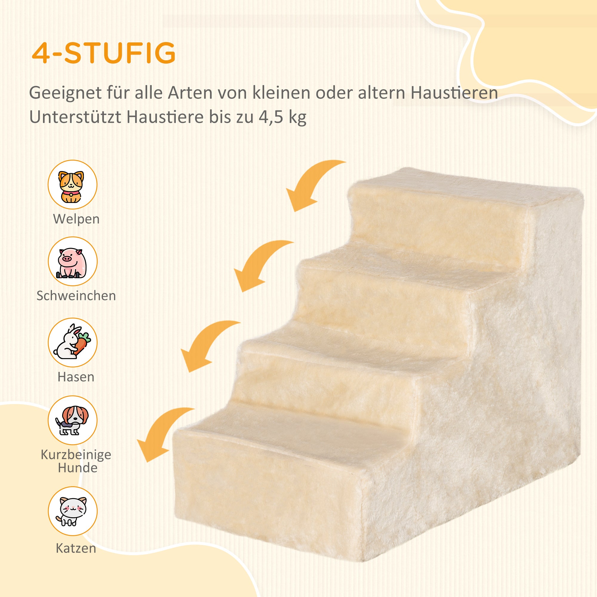 Pet Stairs 4-Step Ramp, Removable Cover, Chipboard Plush Beige