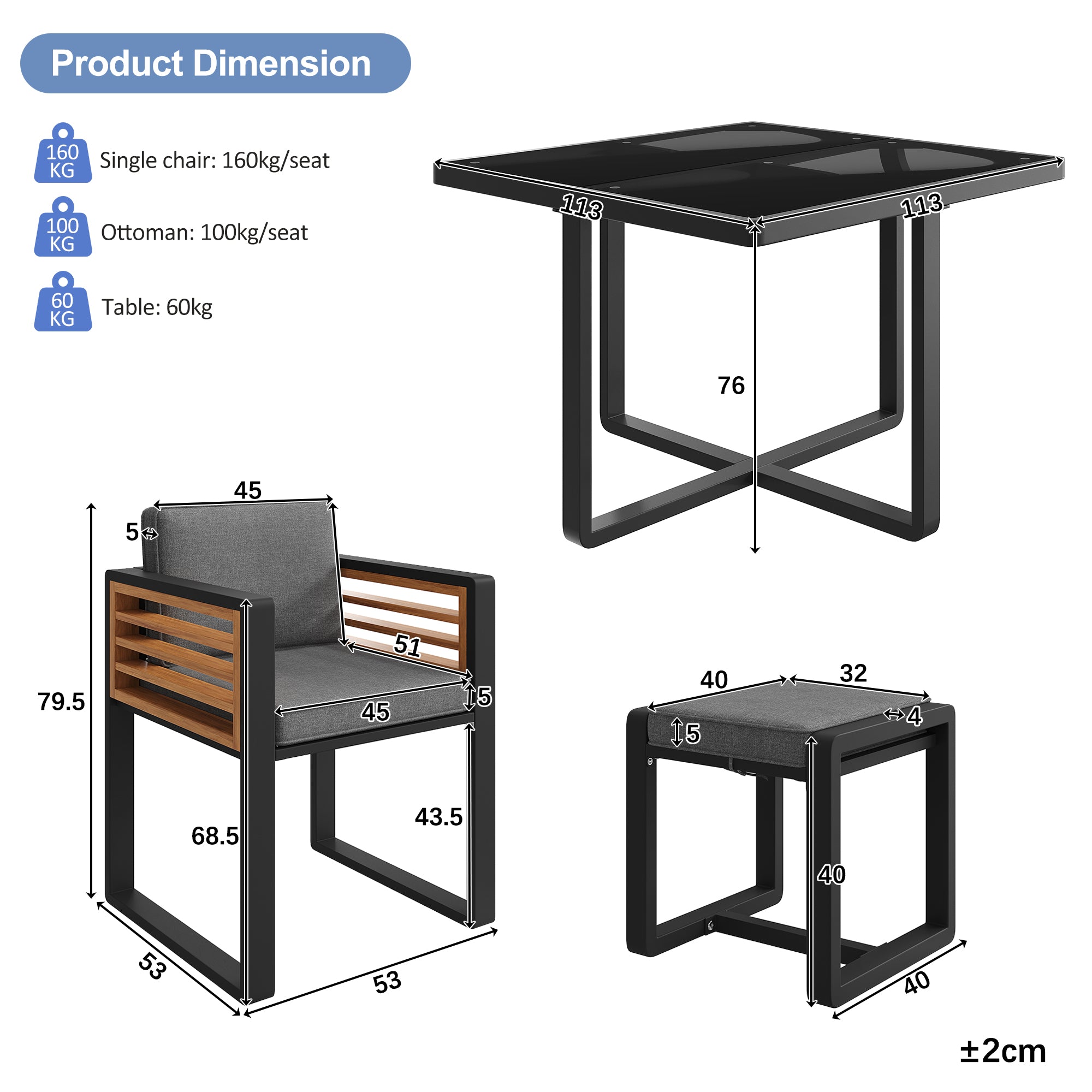 Garden Furniture Set with 6 Chairs and Table, Glass Tabletop