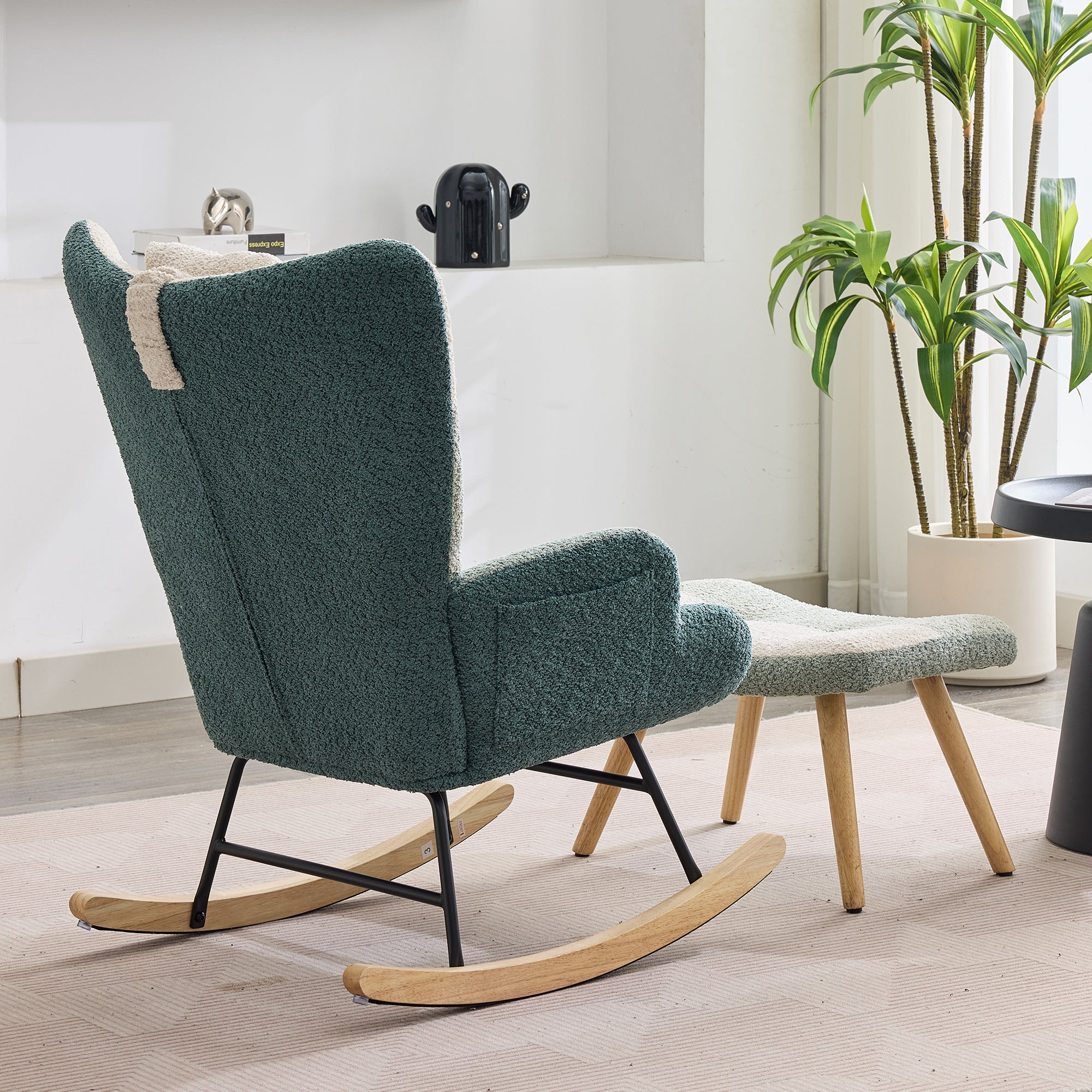 Boucle Rocking Chair Patchwork Stripe Rubberwood Iron Frame with Footstool, Colorful Look