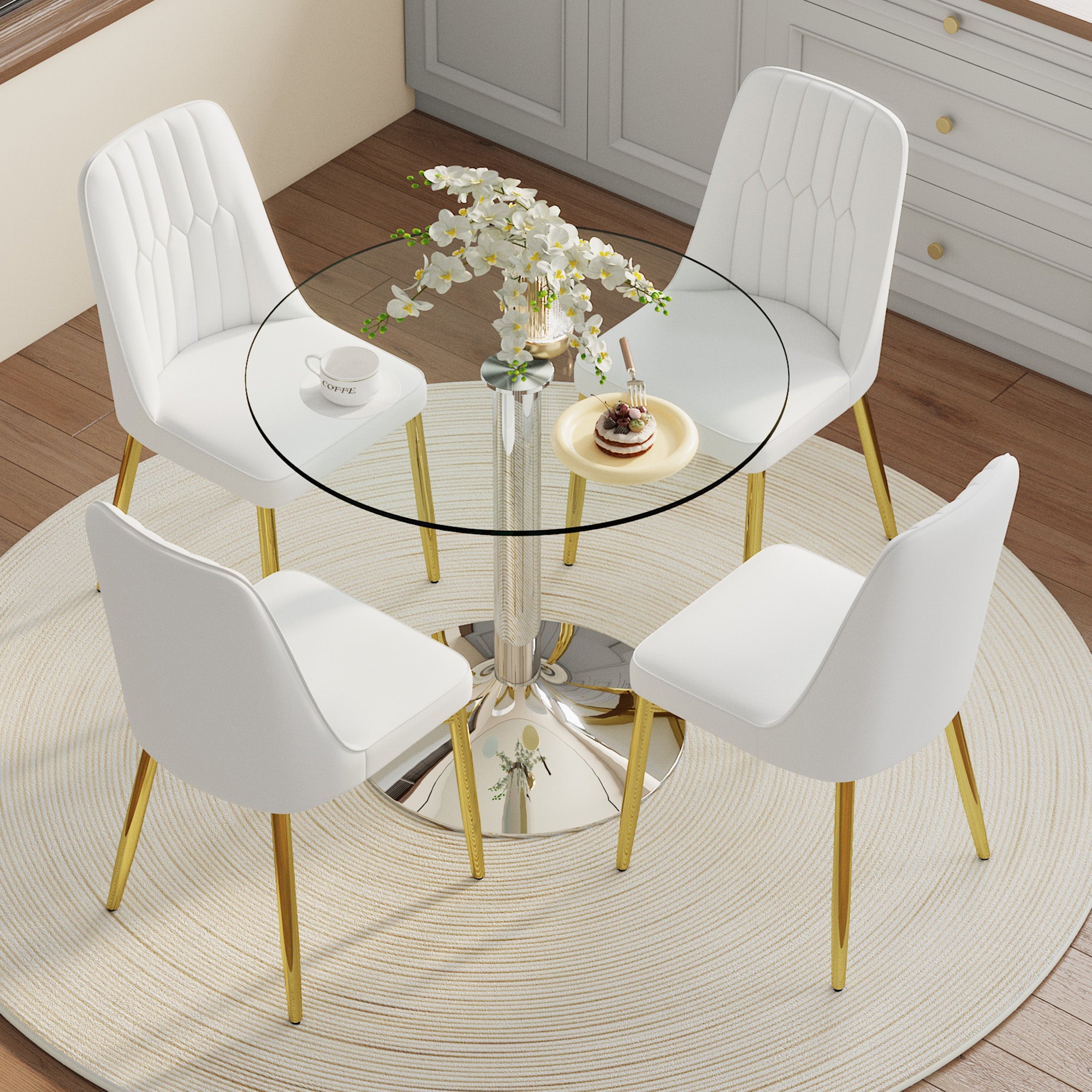 Dining Table Set, Glass Table & 4 Chairs with Gold Legs, White PU