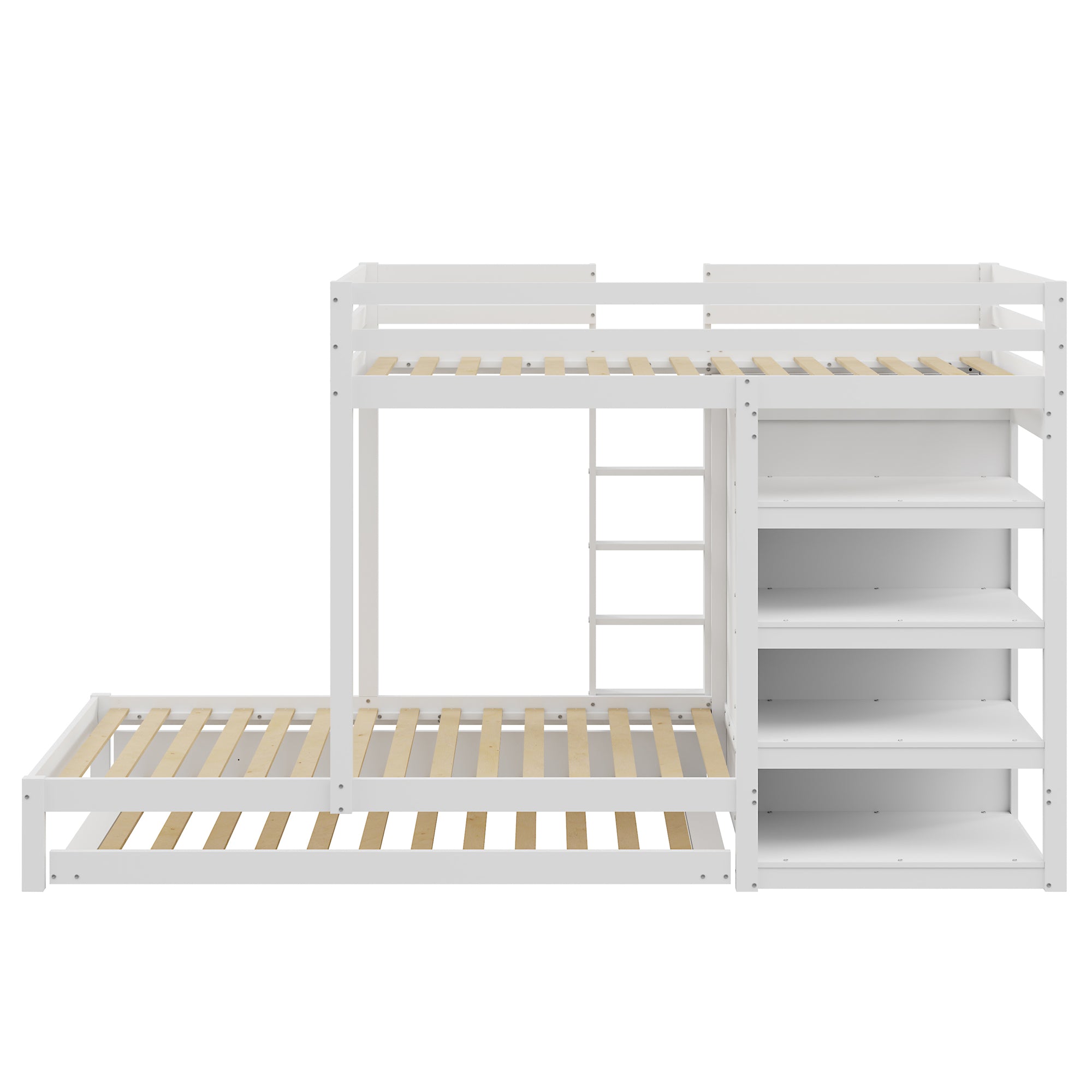 Bunk Bed 90x200 with Pull-Out Bed & Storage, Solid Wood, White