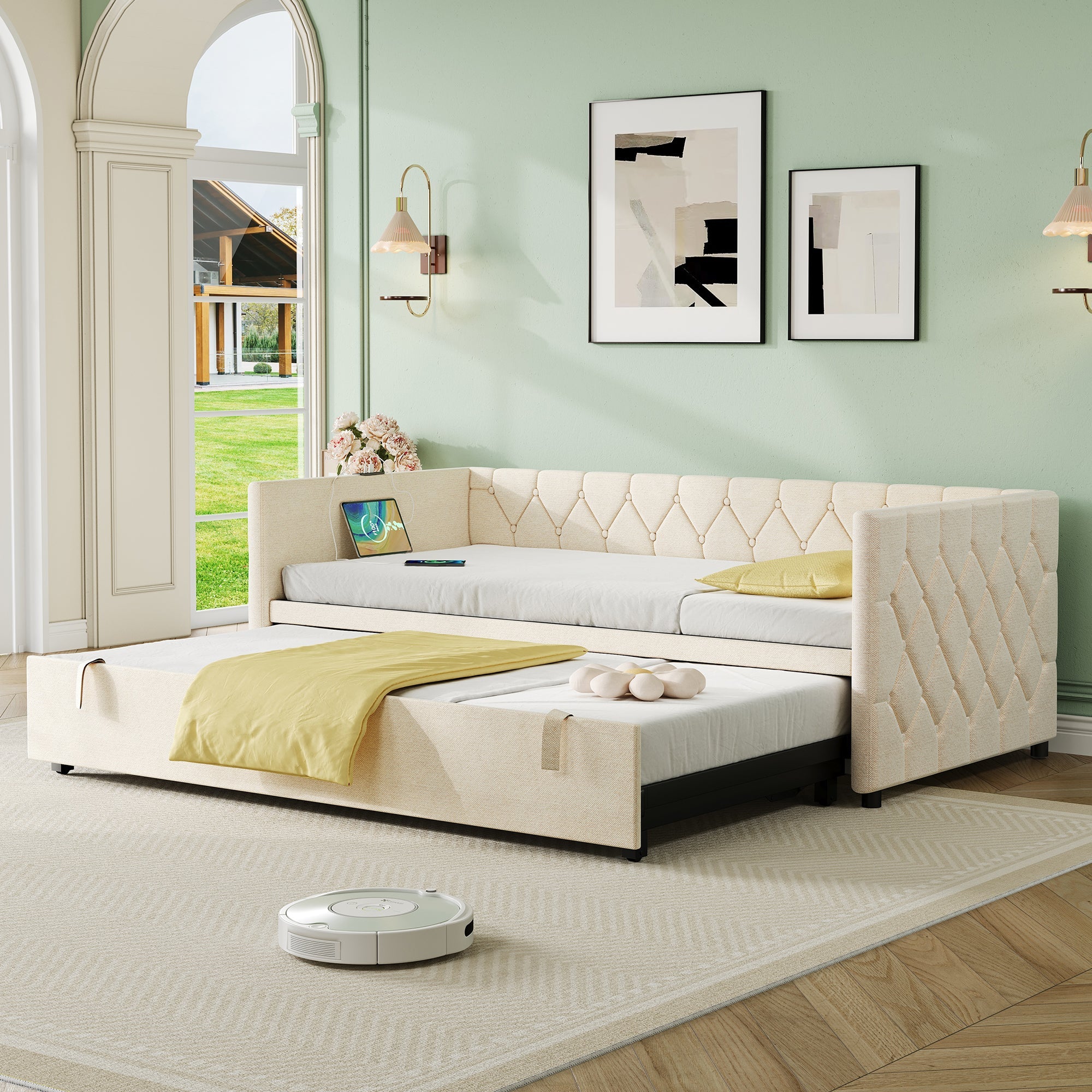 Upholstered Daybed Sofa Bed with Charging Station USB and Type-C Ports Pull Out Trundle Bed, Linen Beige