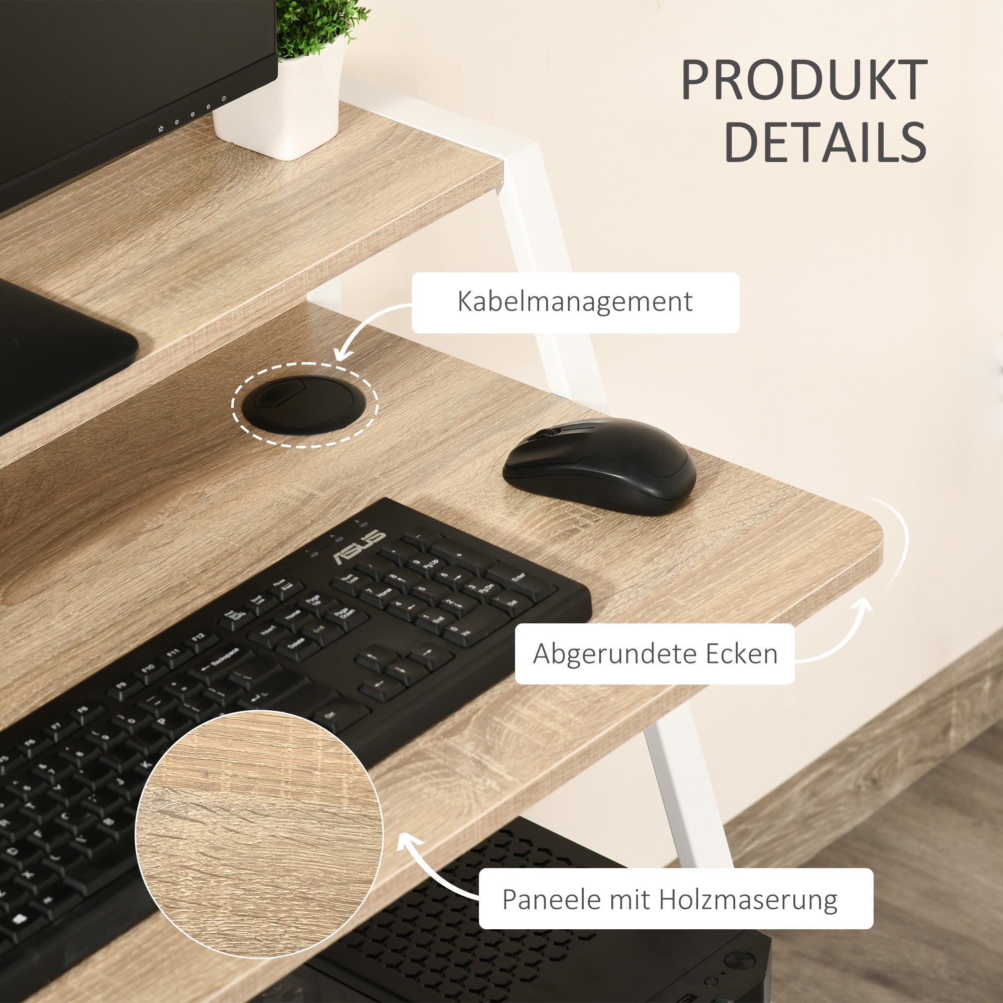 Desk Modern Computer with Storage & Cable Grommet, White Oak