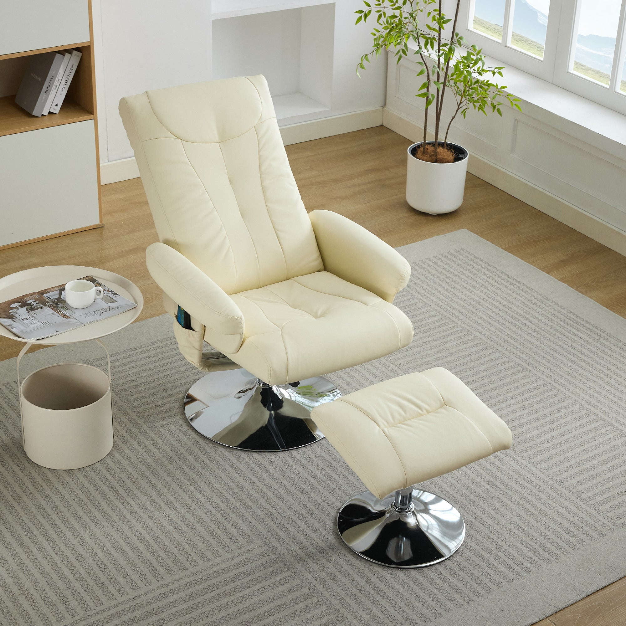 Recliner Chair with 5-Point Massage, Electric Heating, 360° Swivel, PU Fabric Beige