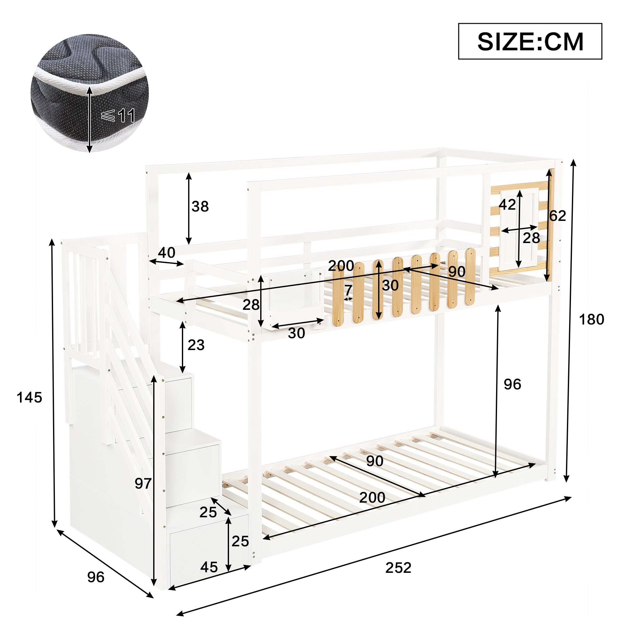 Bunk Bed with Stairs, Window & Shelf, Pine, White 90x200cm
