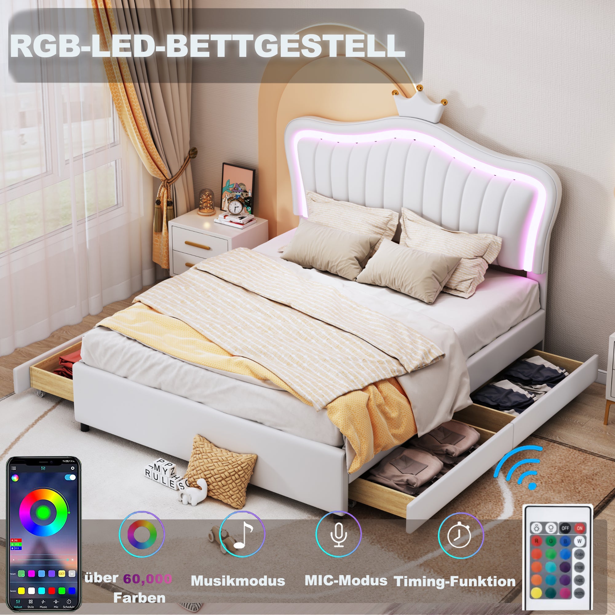 Children's Bed Upholstered with Storage Drawers & LED Lights, White PU Leather