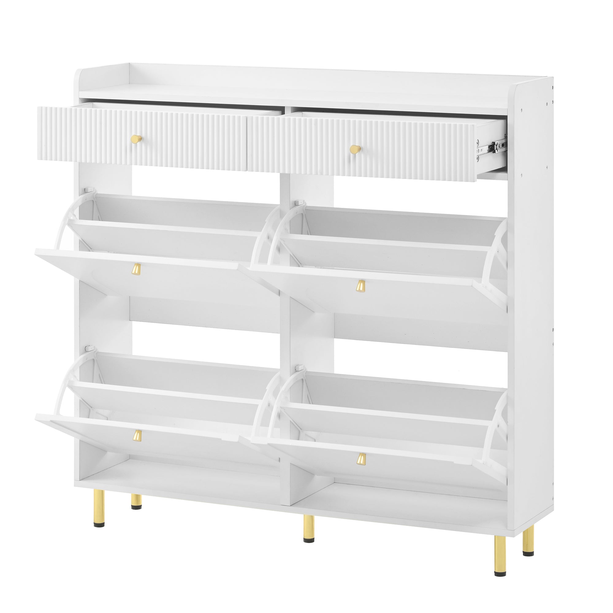 Shoe Cabinet Narrow 4 Hinged Doors 2 Drawers Metal Handles White