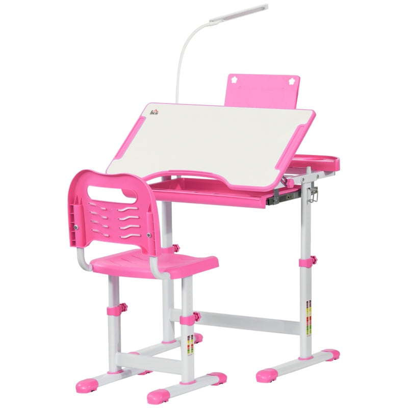 Kids Study Desk and Chair Set, Adjustable Height Storage Drawer, Pink
