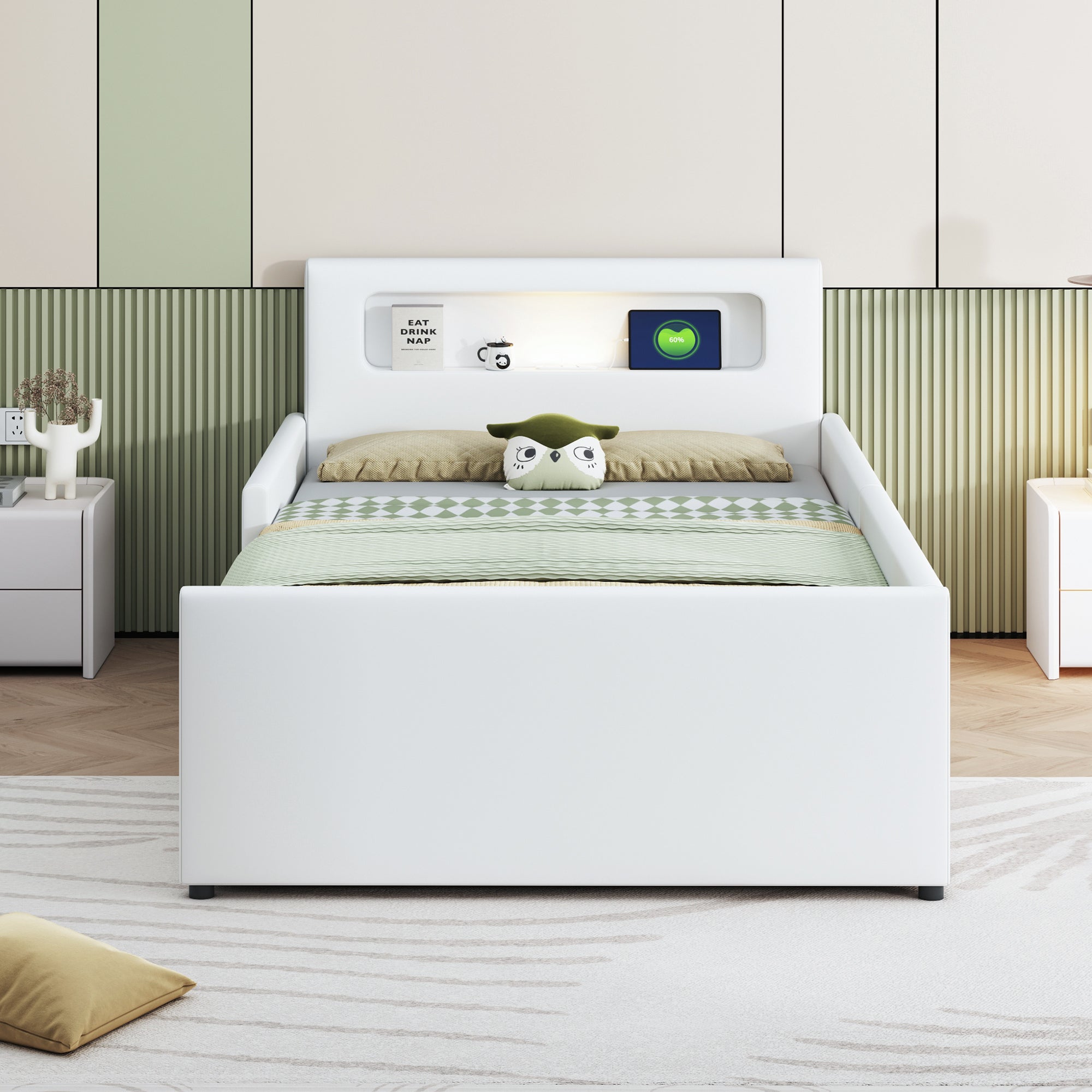 Upholstered Children's Bed 90x200cm Night Light USB Storage Faux Leather White