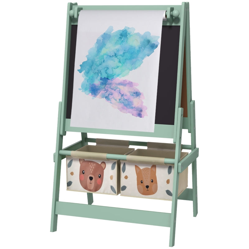 3-in-1 Children's Easel with Paper Roll, Chalkboard, Whiteboard, Storage Baskets, Green