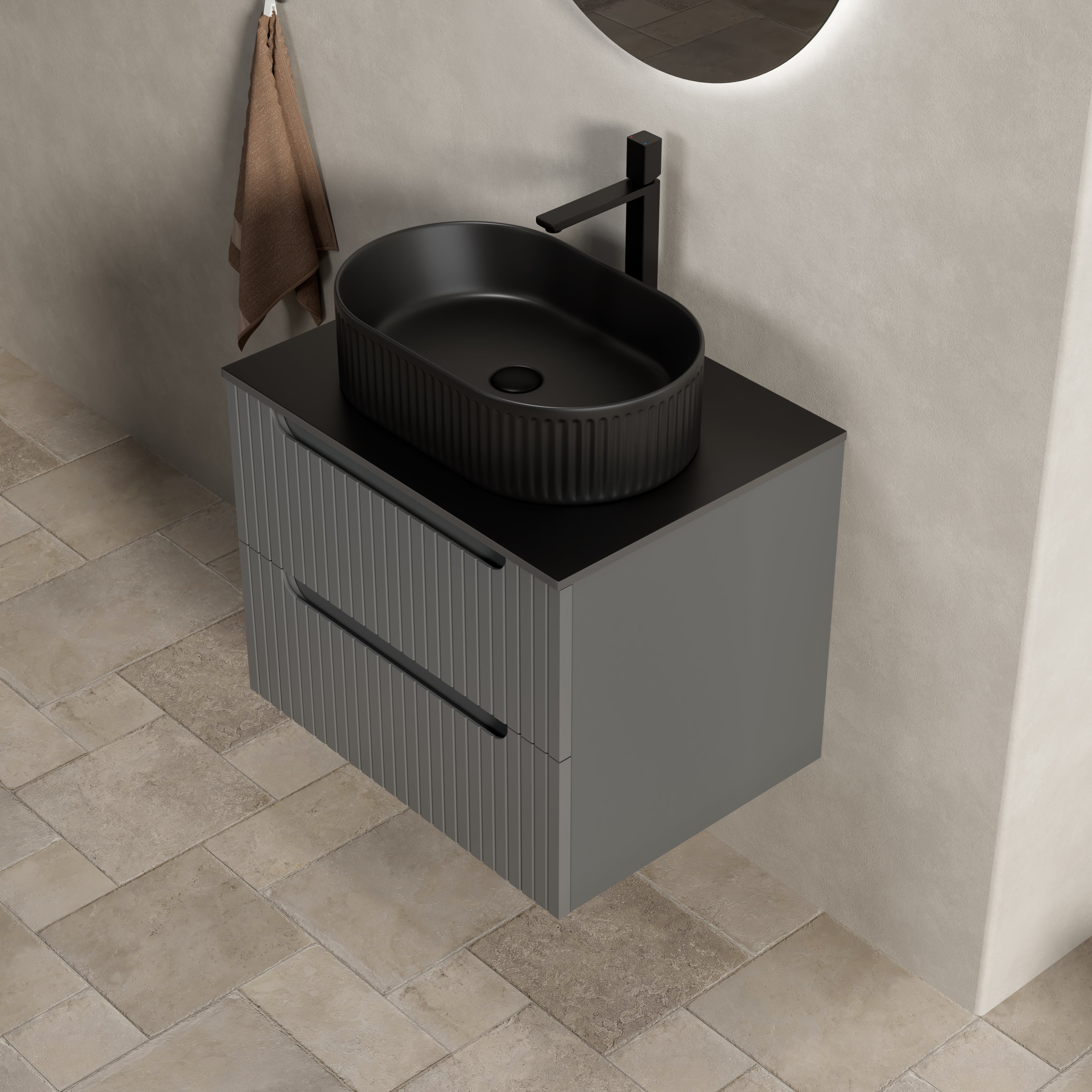 Floating Bathroom Vanity Unit with Oval Sink and Sintered Stone Top, Dark Grey