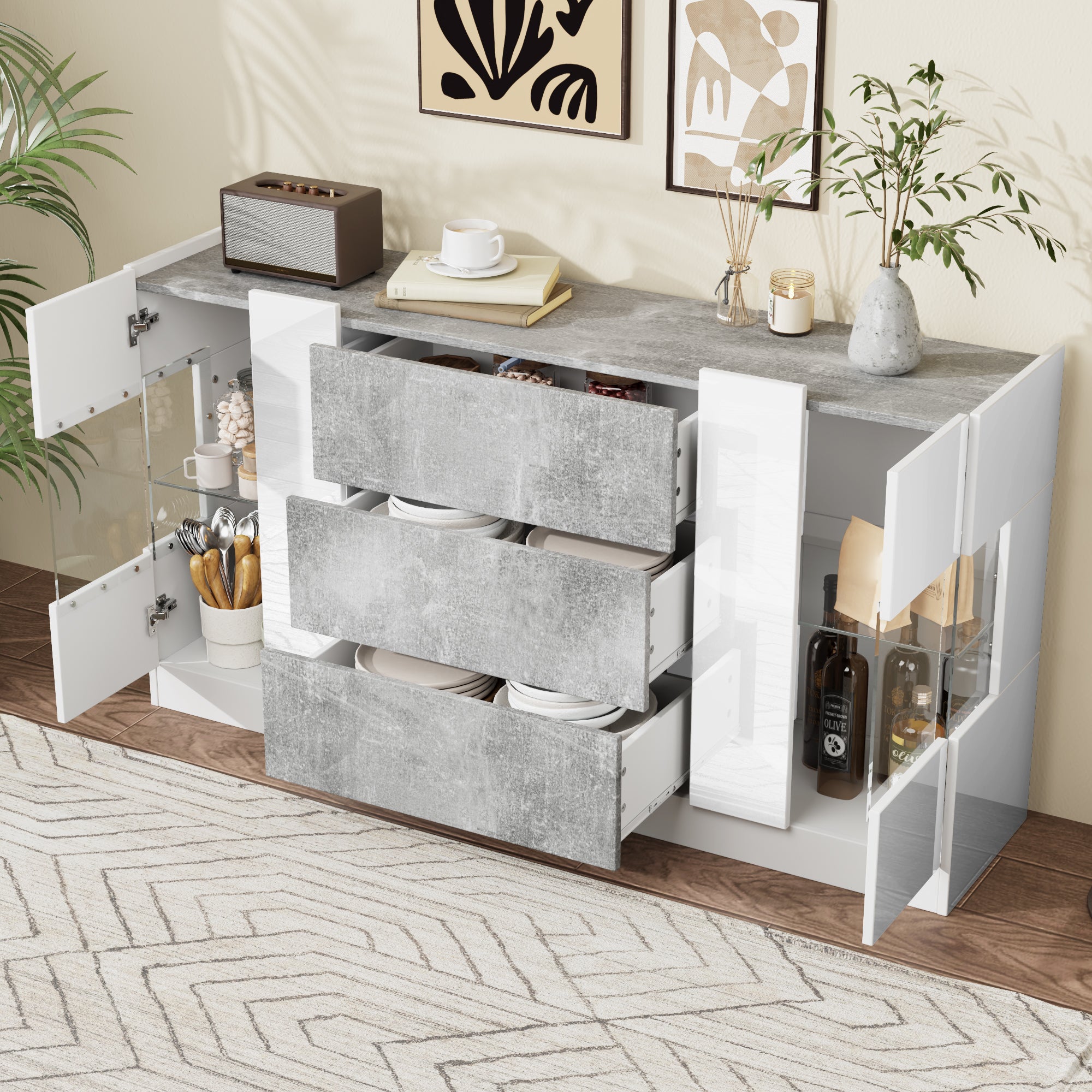 Sideboard, 2 Doors 3 Drawers LED Lighting, High-Gloss White & Grey Marble