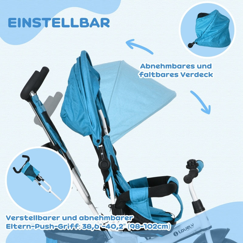 6-in-1 tricycle with push bar, removable sun canopy, 5-point safety harness, blue