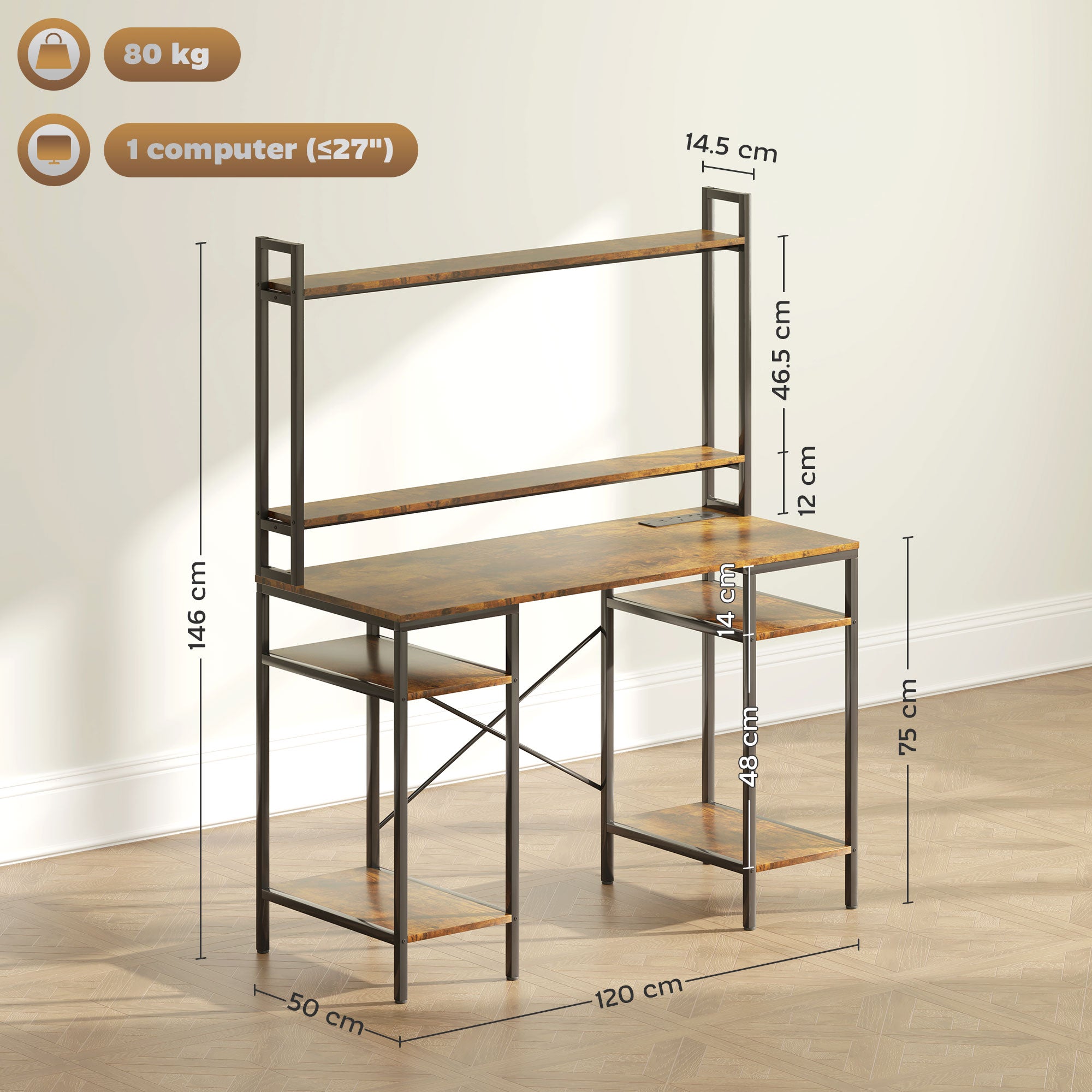 Computer Desk with Power Outlets, LED Lights, Hutch, Storage Shelves, Rustic Brown