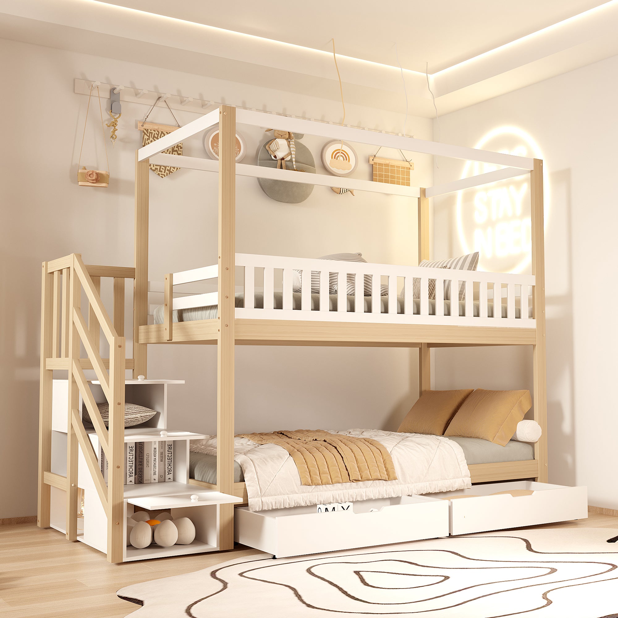 Bunk Bed, 90x200 cm House Shape Safety Rail & Storage, Solid Wood White/Natural