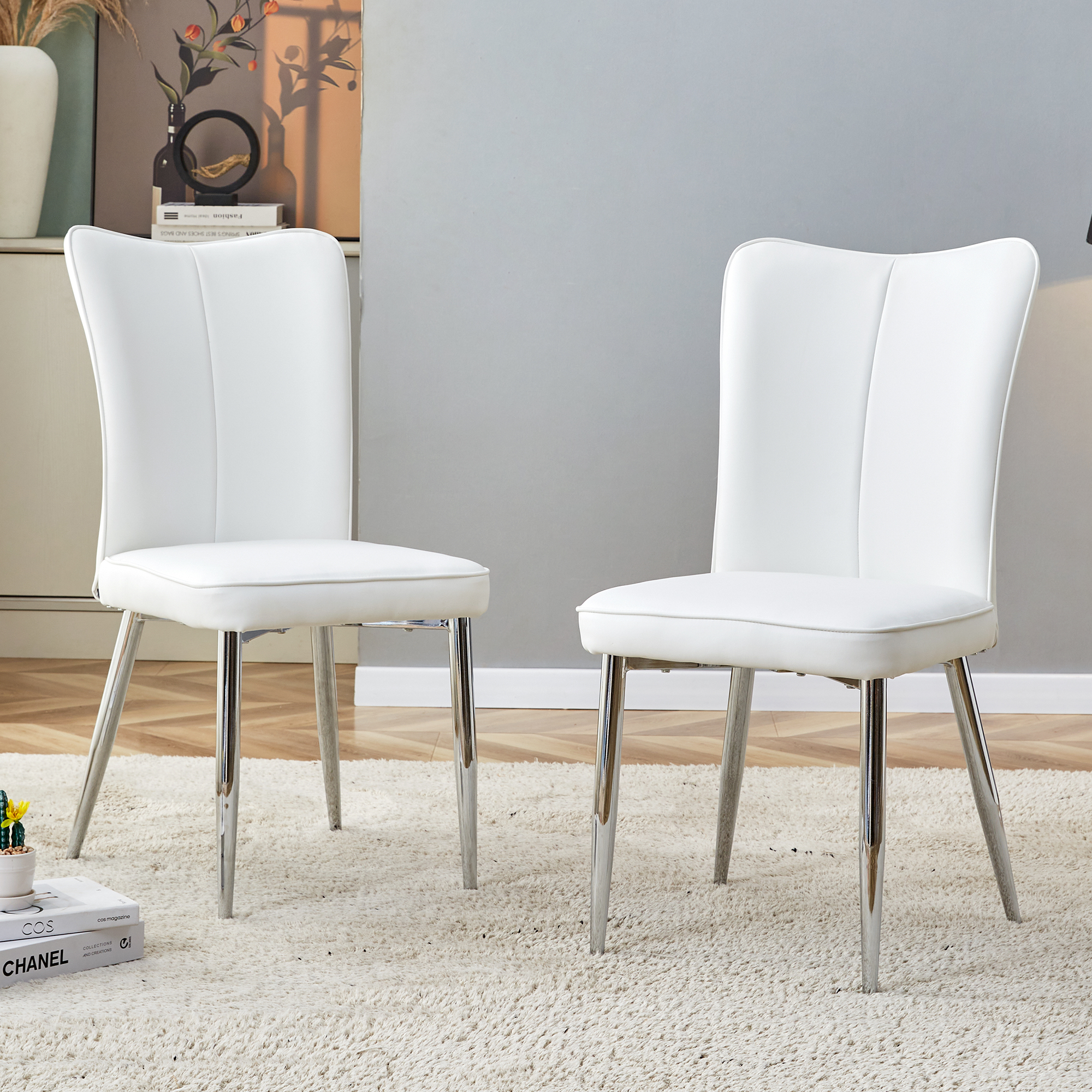 Dining Chairs Set of 2, Modern 89cm PU Silver Metal Legs, White