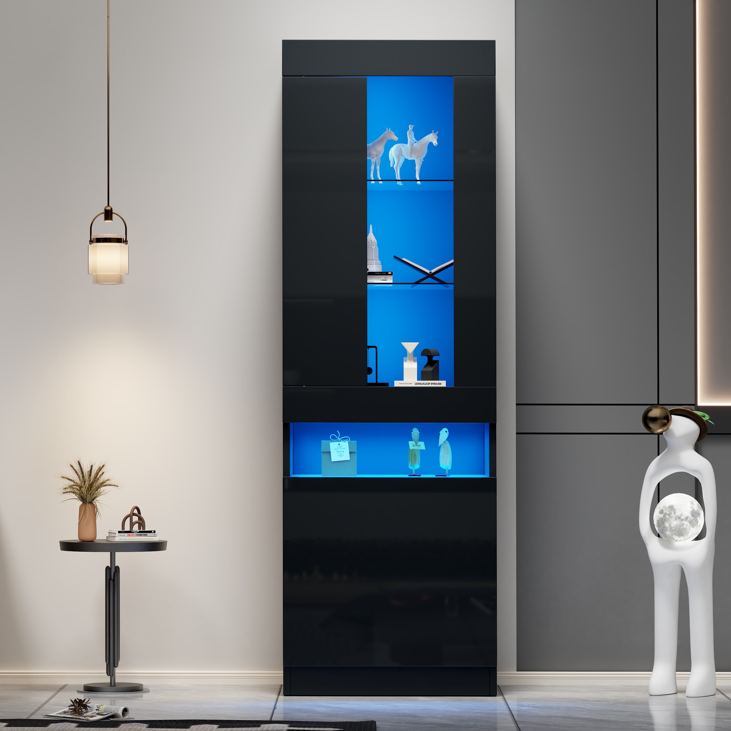 Display Cabinet, Freestanding Storage with LED Lighting, Black