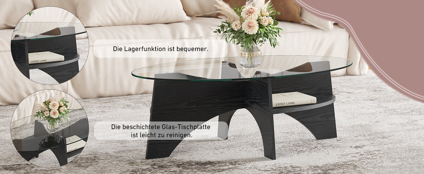 Modern Oval Side Table Multifunctional Safety Glass 105x60cm Black Wood Look